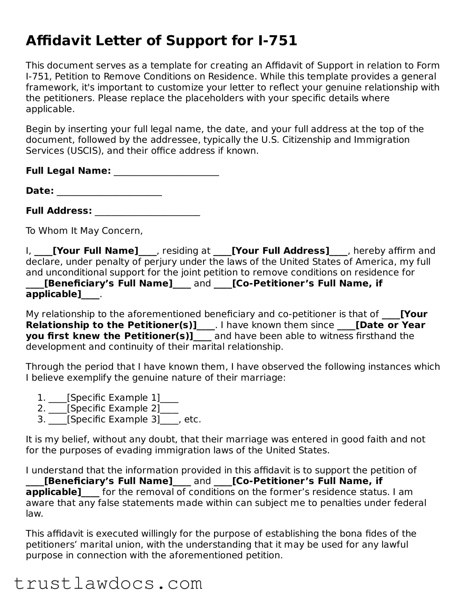 Official Affidavit Letter of Support for I-751 Document
