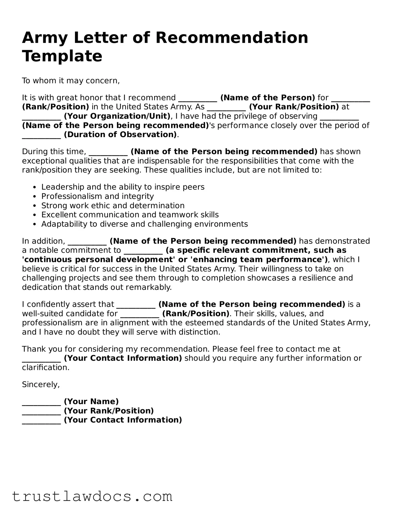 Official Army Letter of Recommendation Document