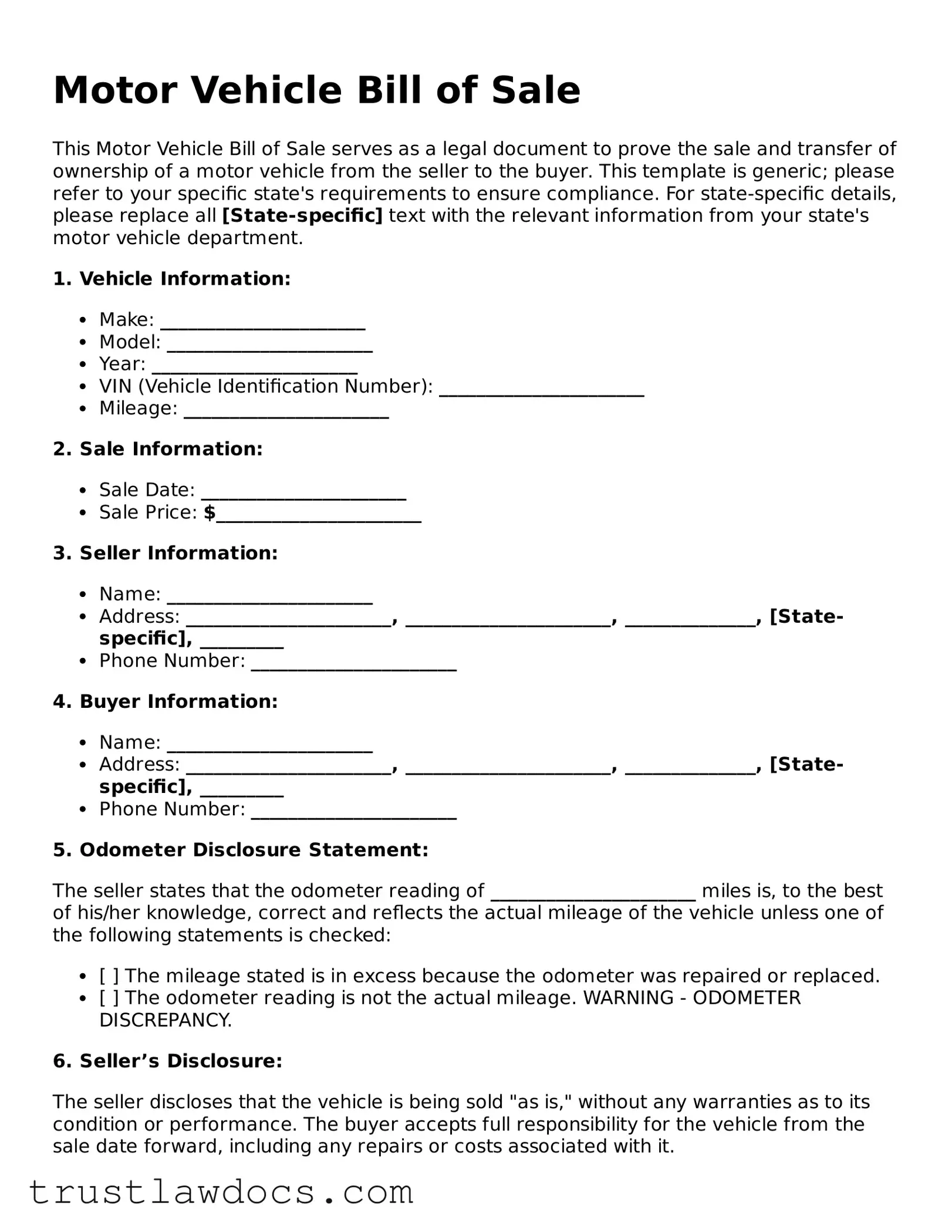 Official Motor Vehicle Bill of Sale Document