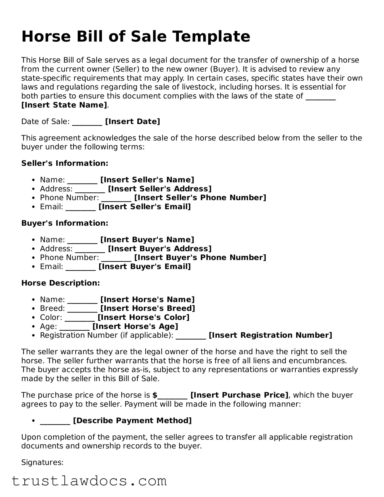 Official Horse Bill of Sale Document