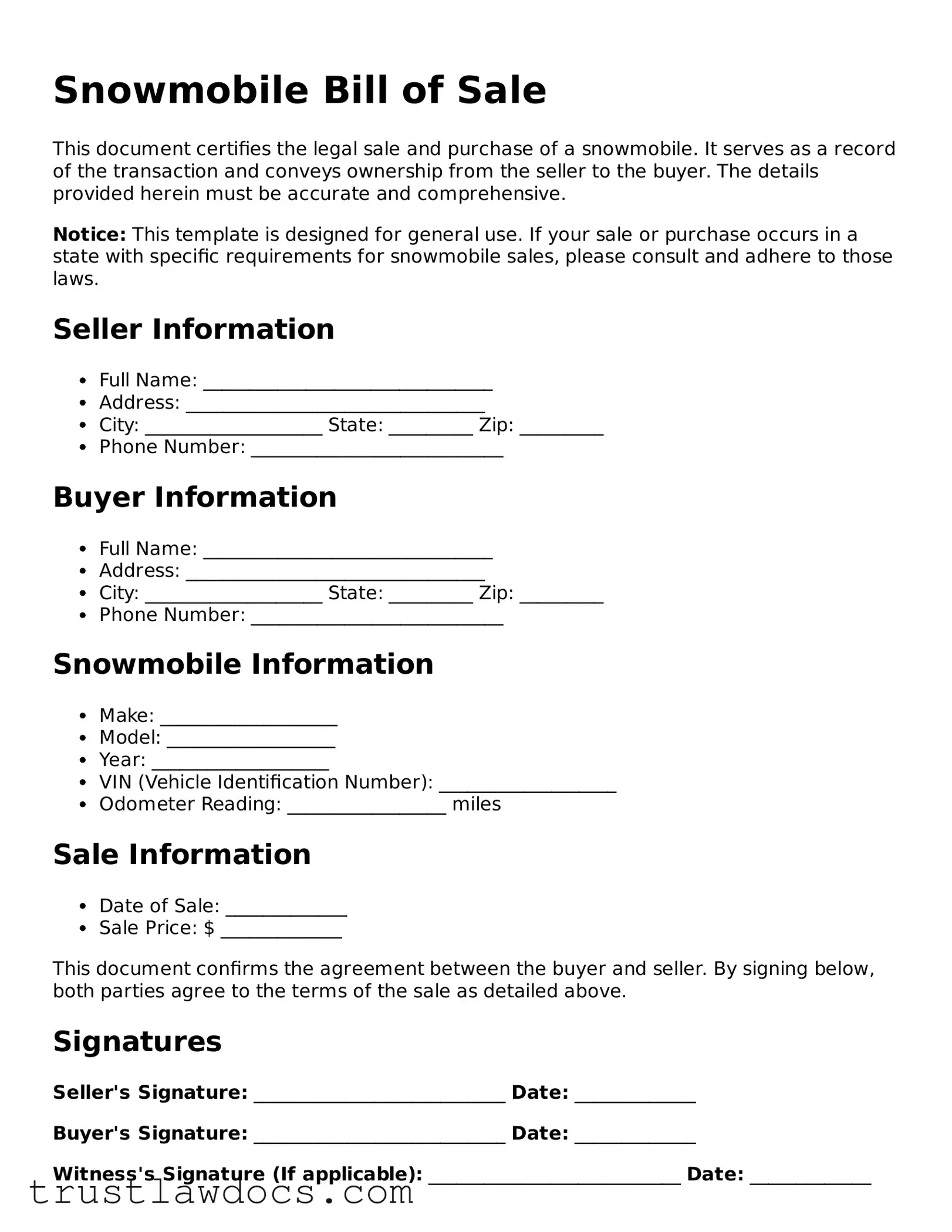 Official Snowmobile Bill of Sale Document
