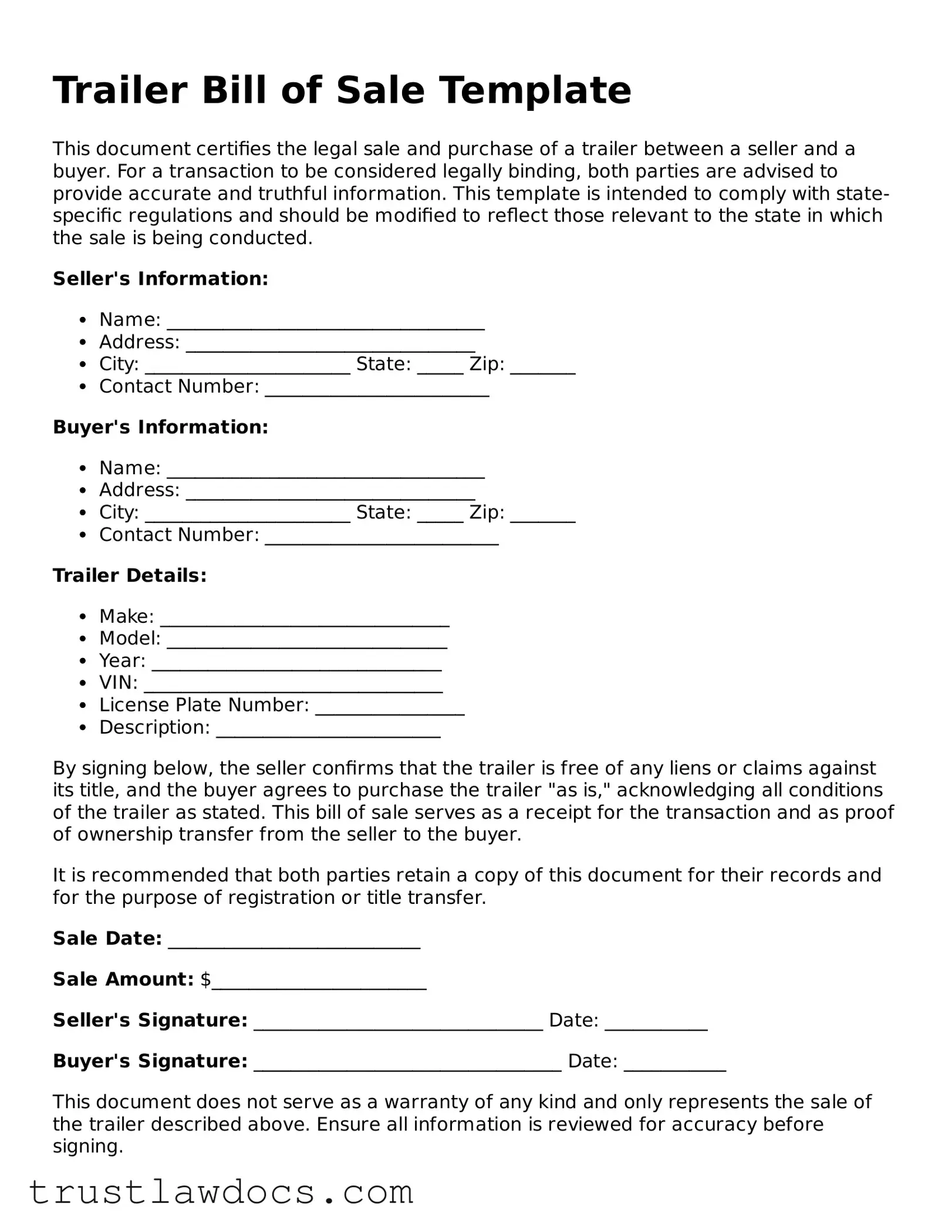 Official Trailer Bill of Sale Document