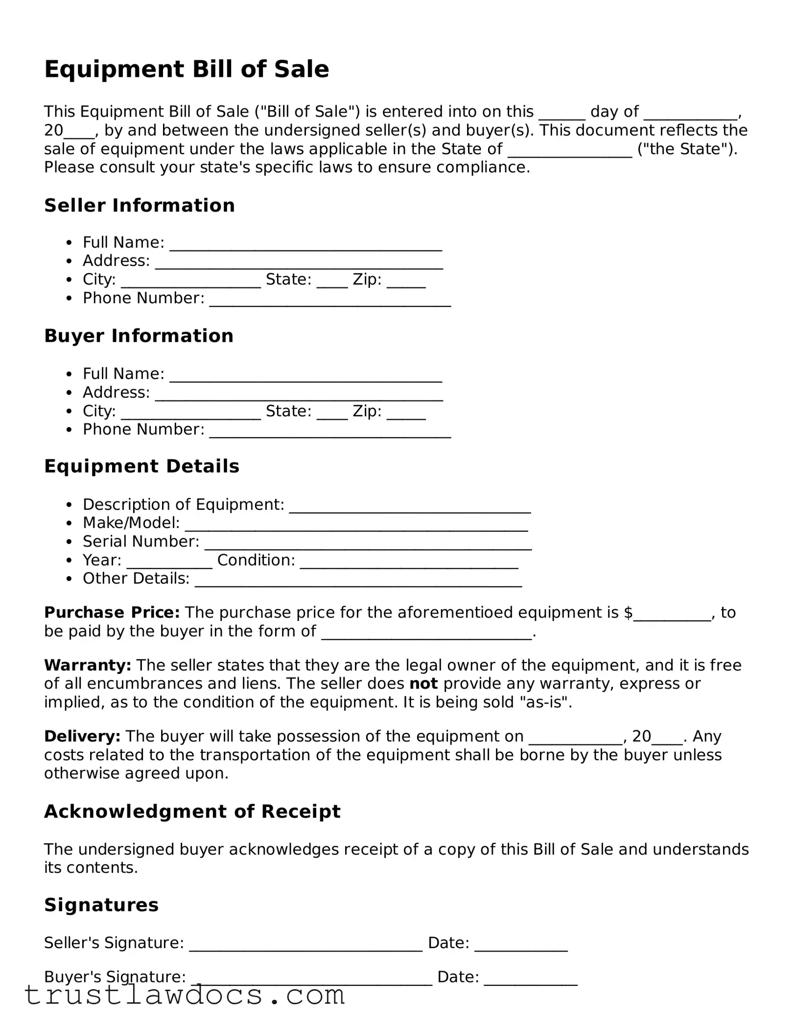 Official Equipment Bill of Sale Document