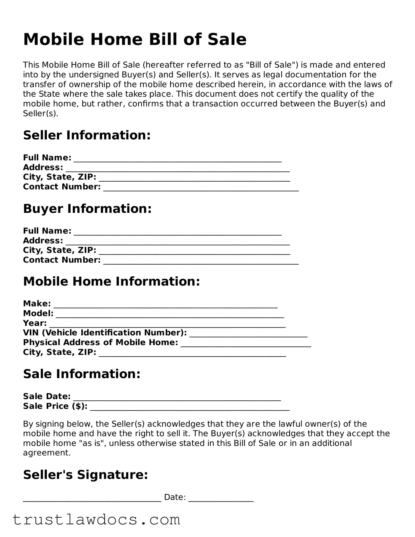 Official Mobile Home Bill of Sale Document