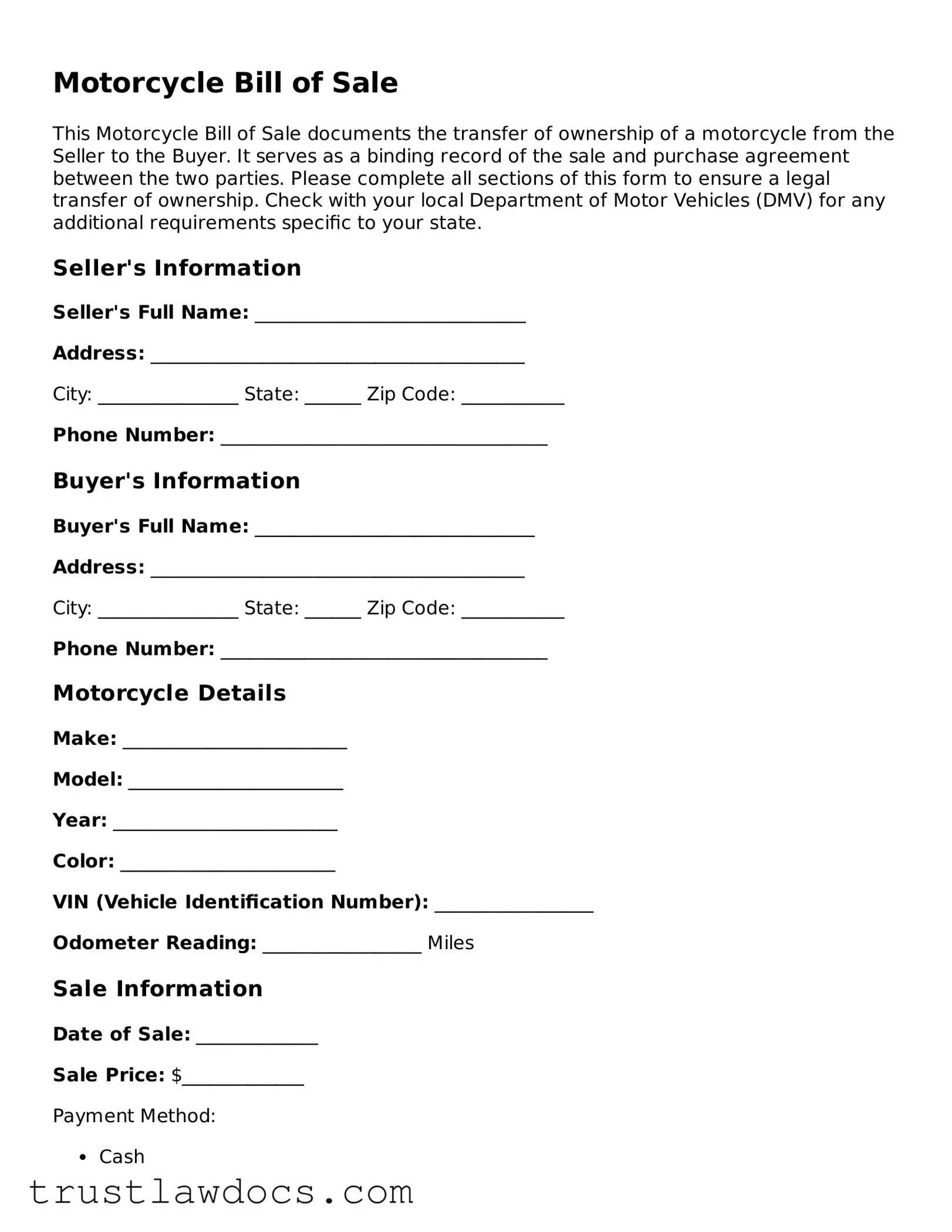 Official Motorcycle Bill of Sale Document