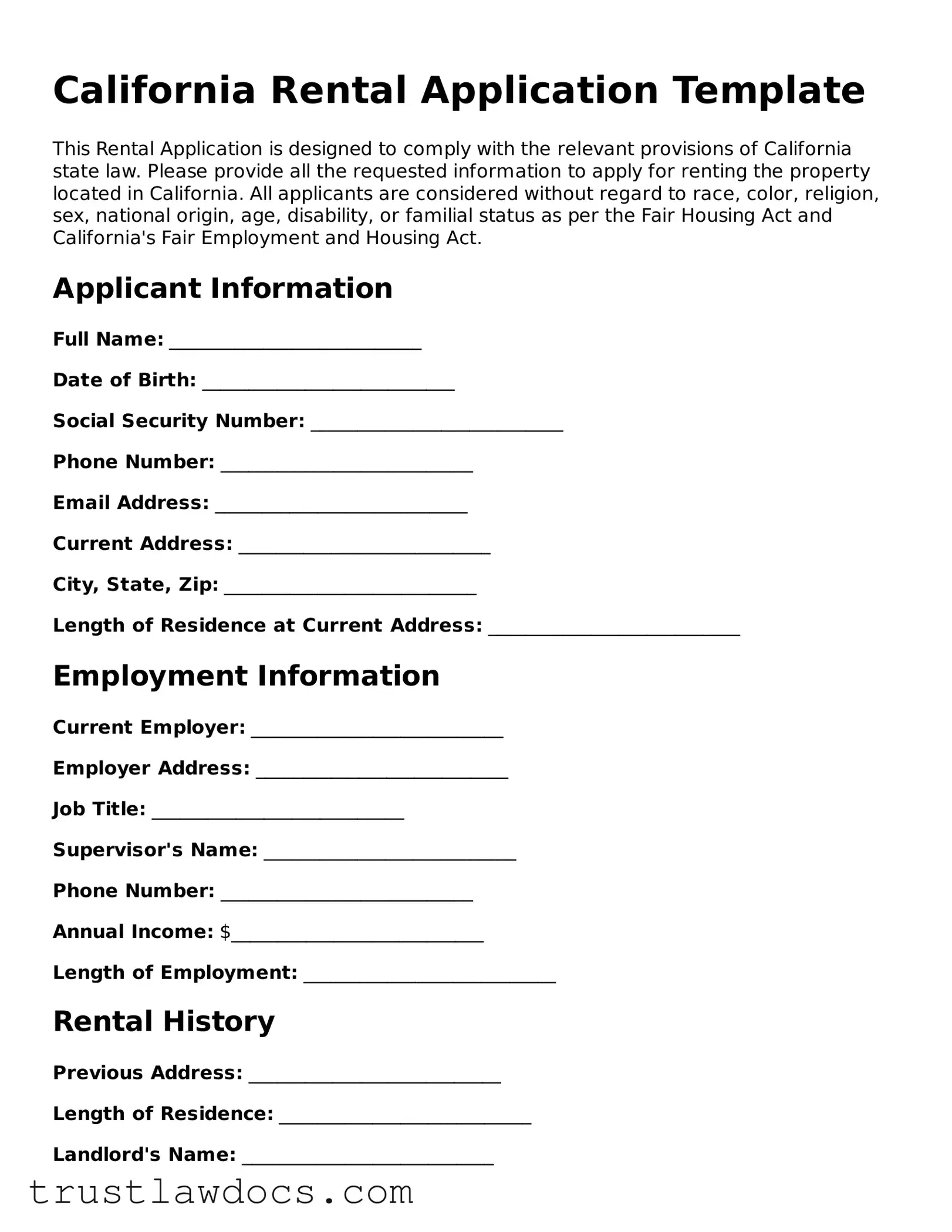 Free  Rental Application Form for California