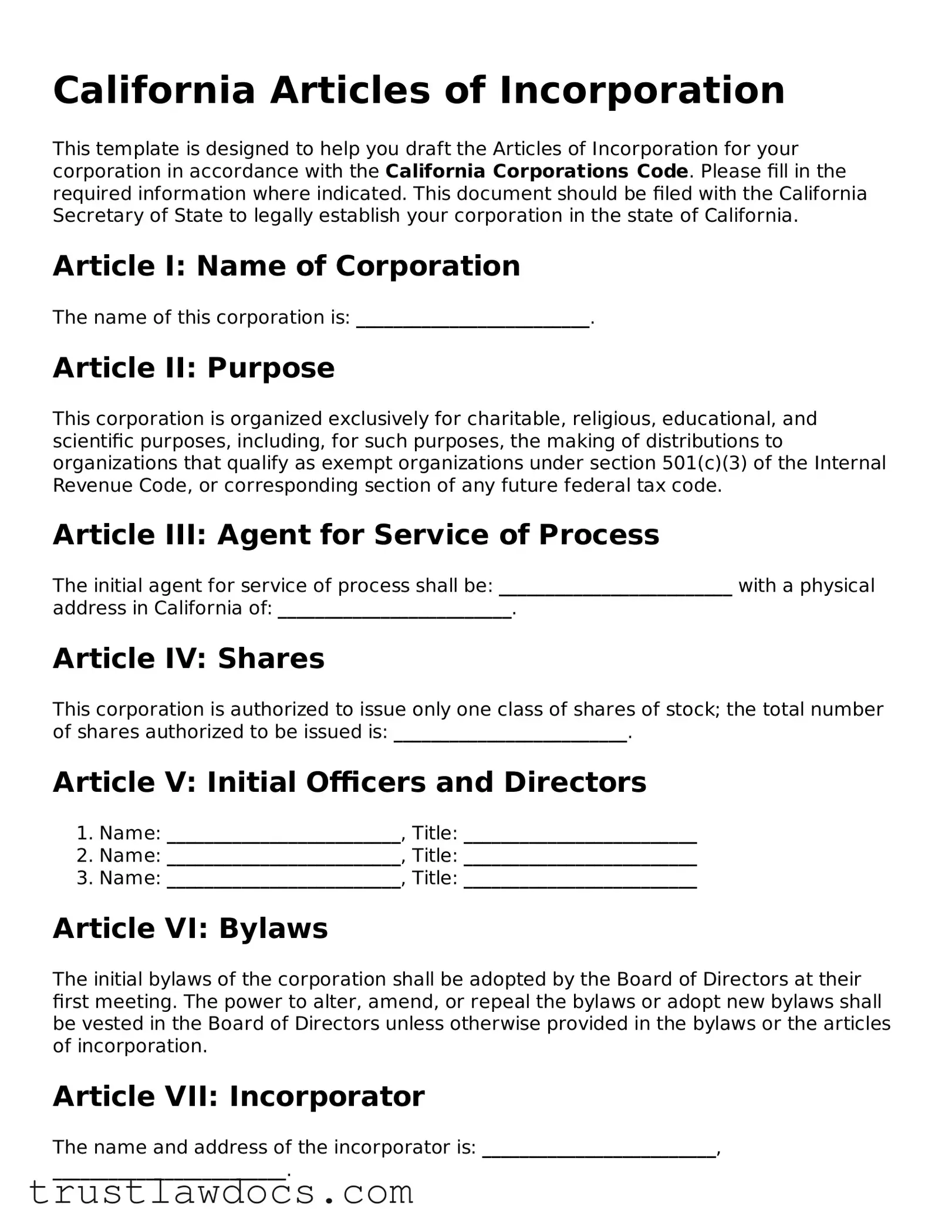Free  Articles of Incorporation Form for California