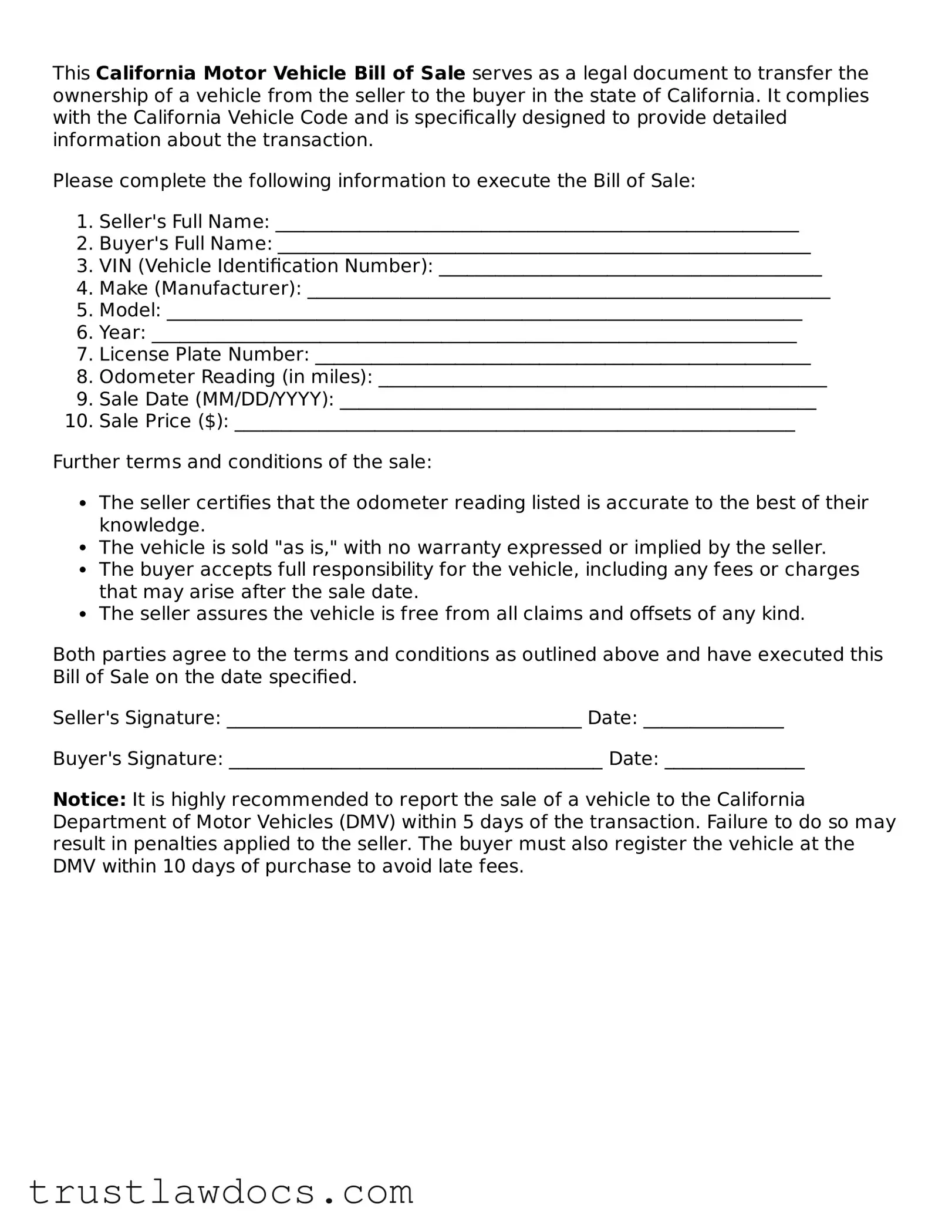 Free  Motor Vehicle Bill of Sale Form for California