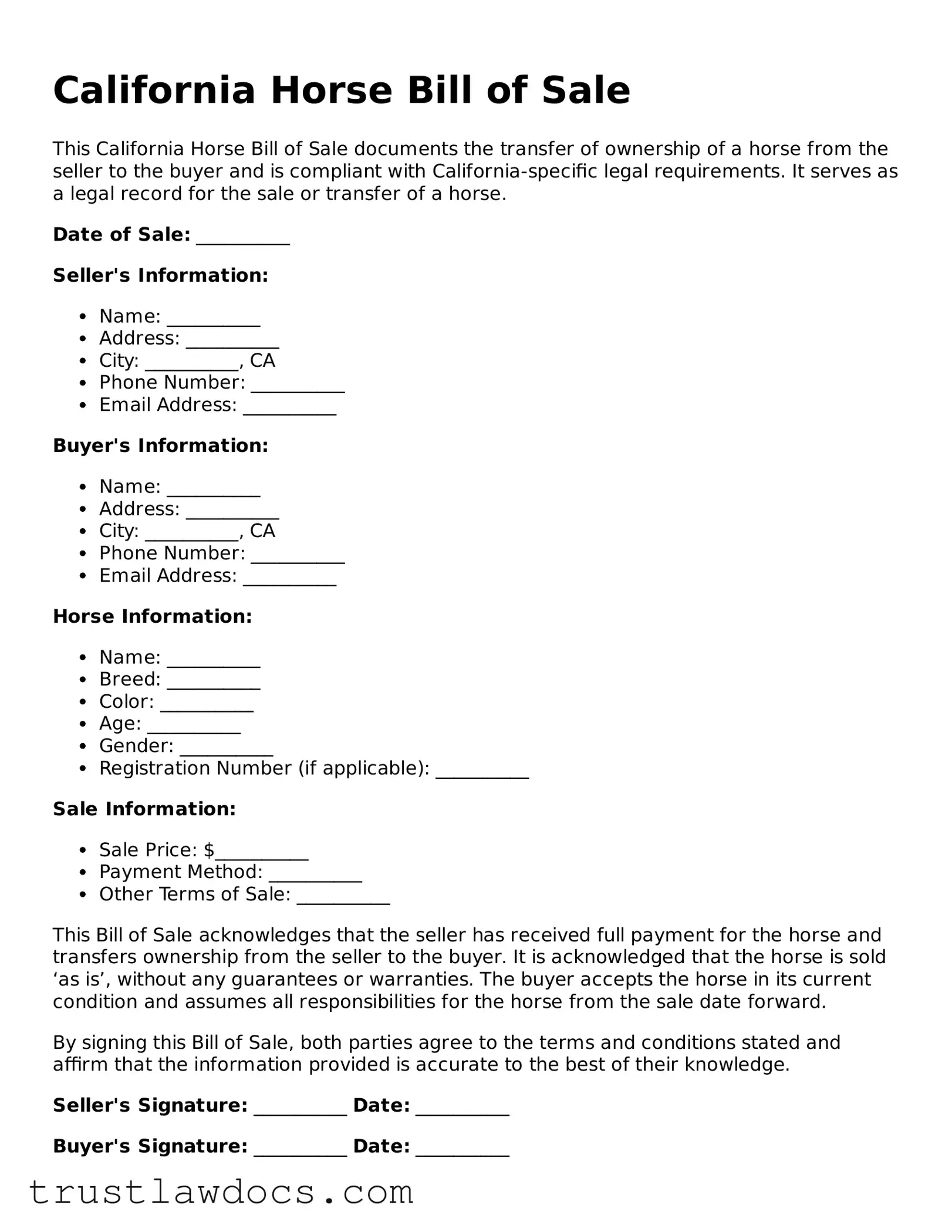 Free  Horse Bill of Sale Form for California