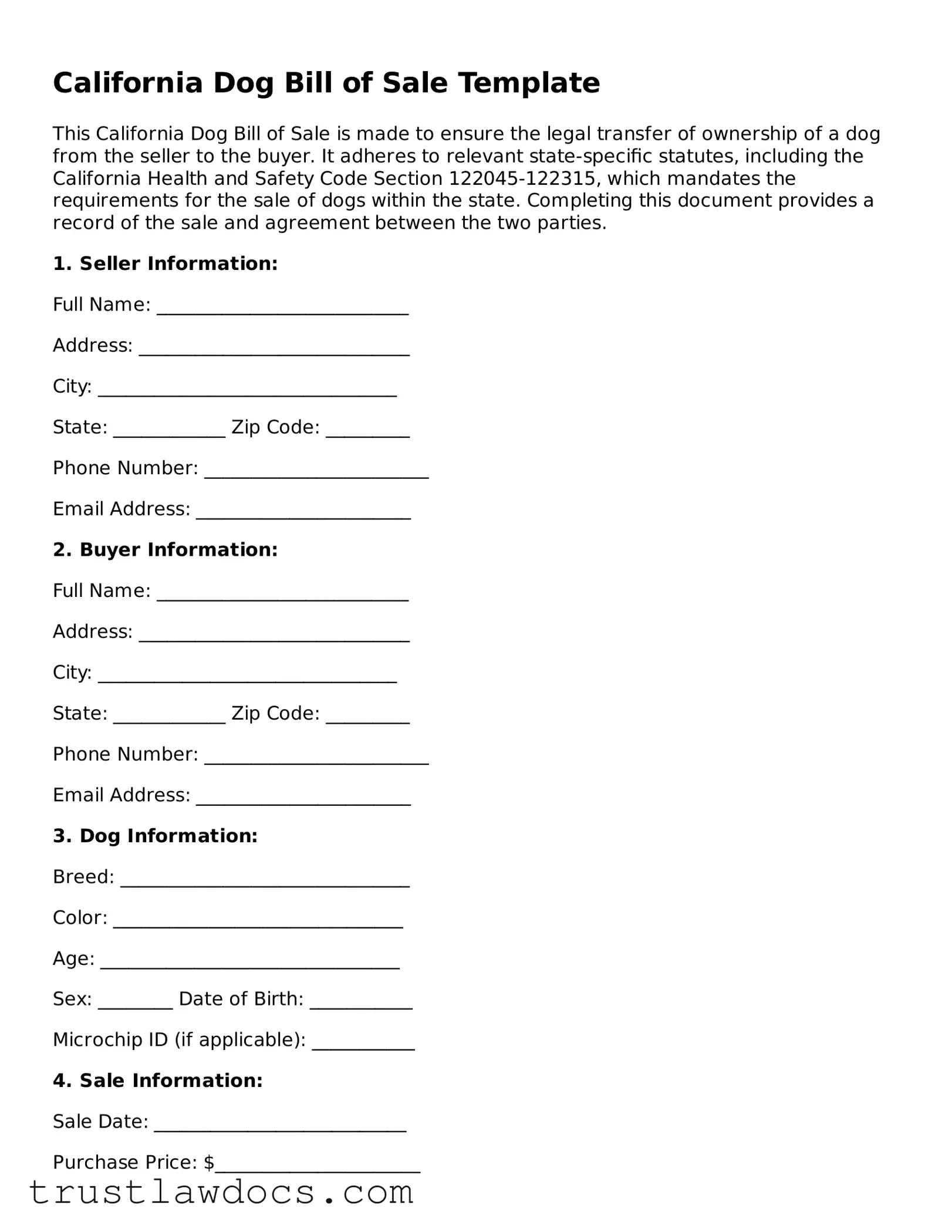 Free  Dog Bill of Sale Form for California
