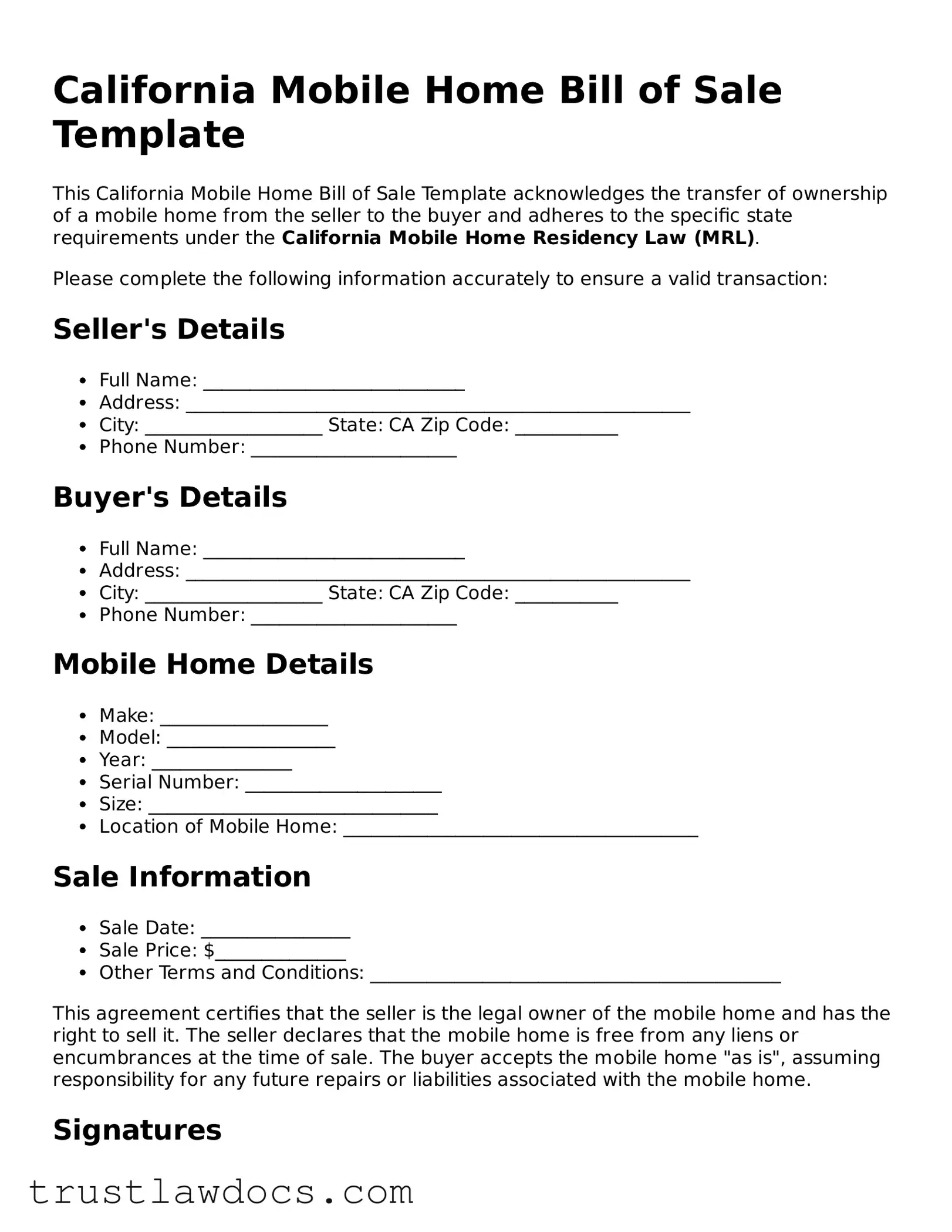 Free  Mobile Home Bill of Sale Form for California