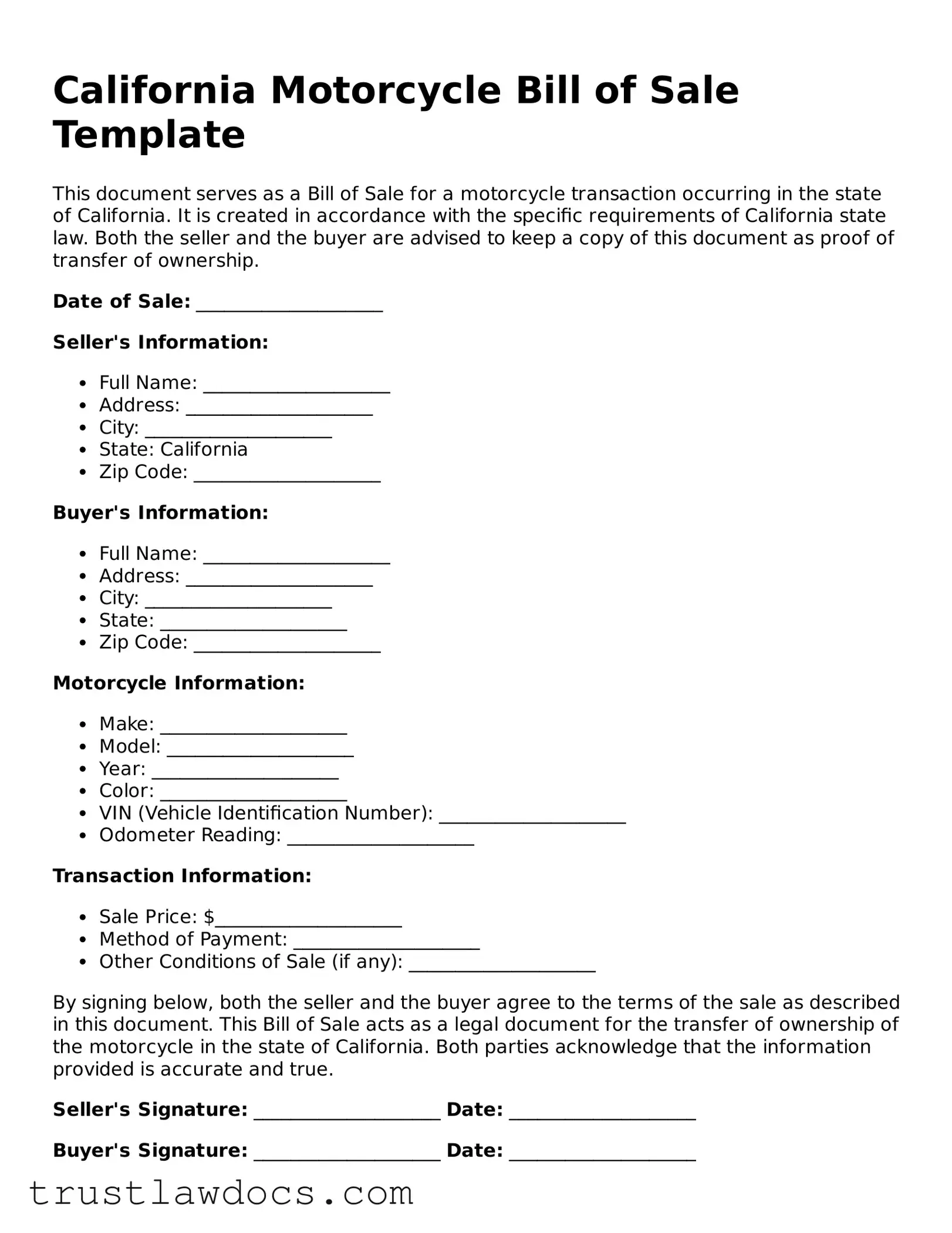 Free  Motorcycle Bill of Sale Form for California
