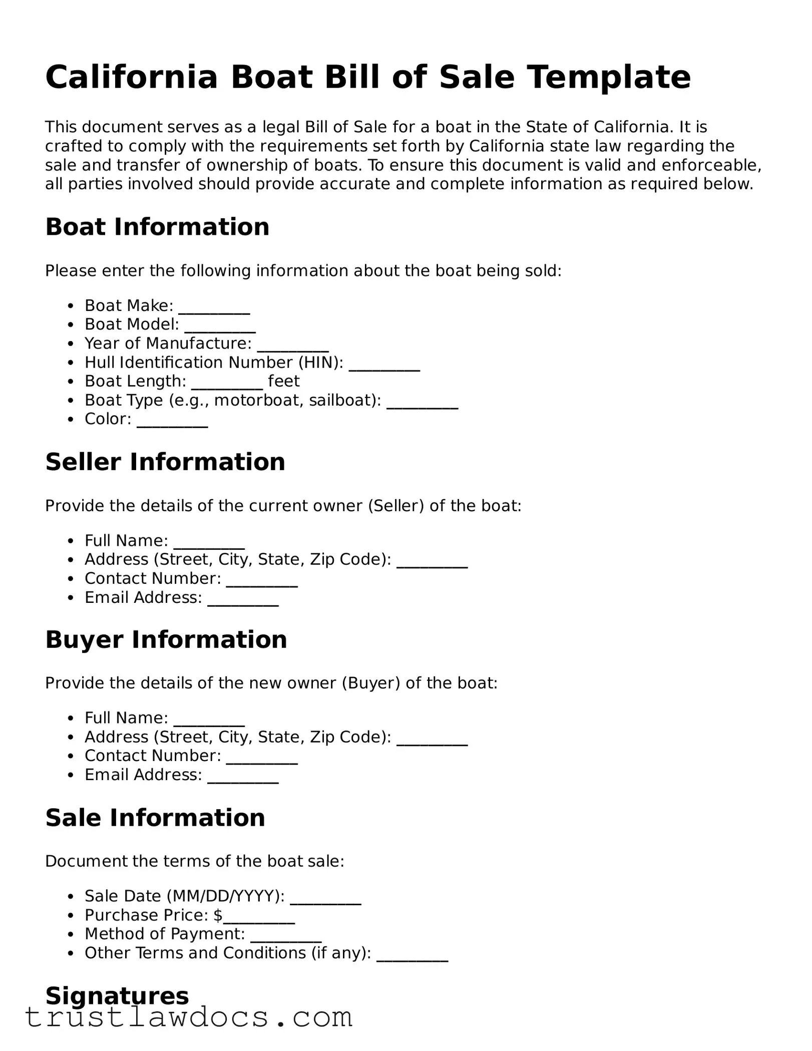 Free  Boat Bill of Sale Form for California