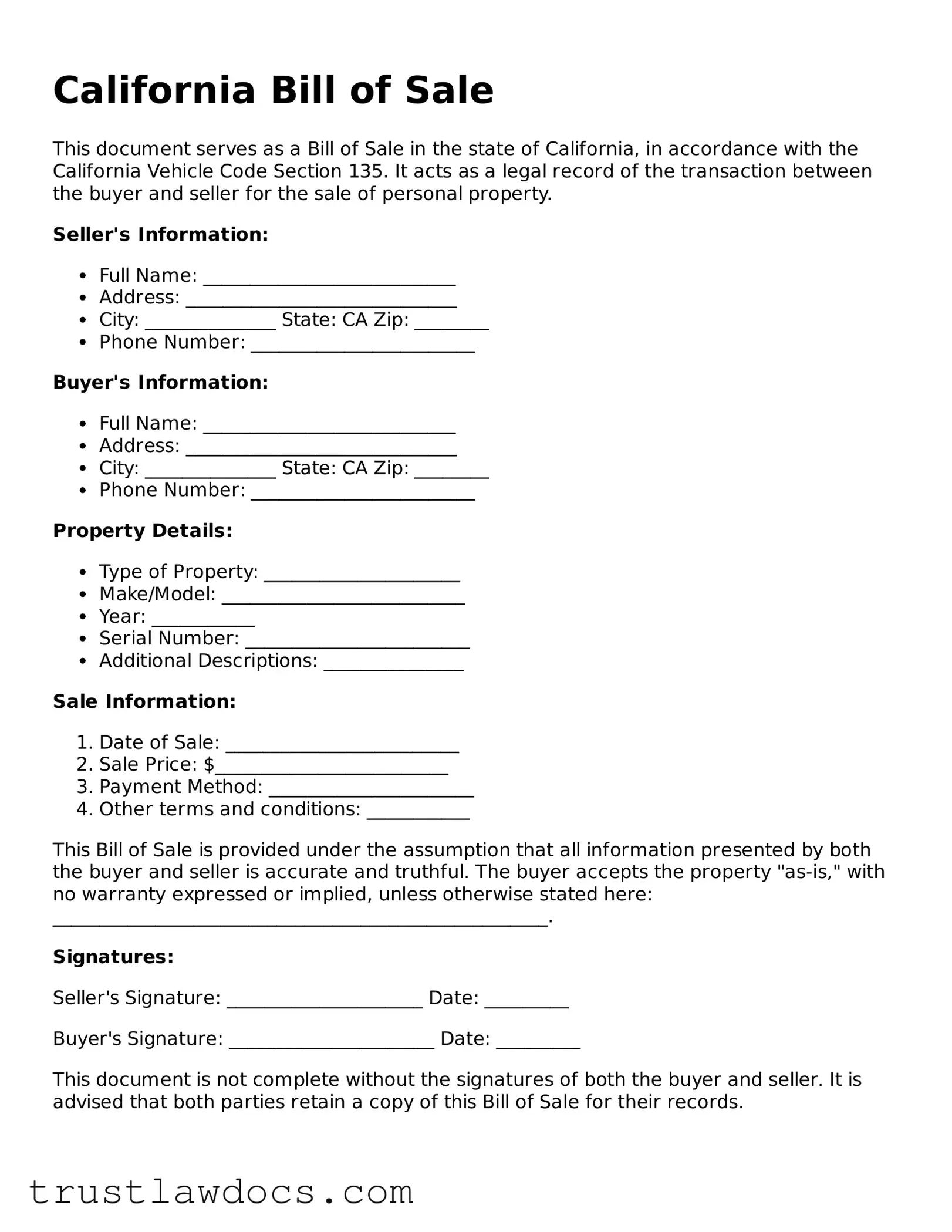Free  Bill of Sale Form for California