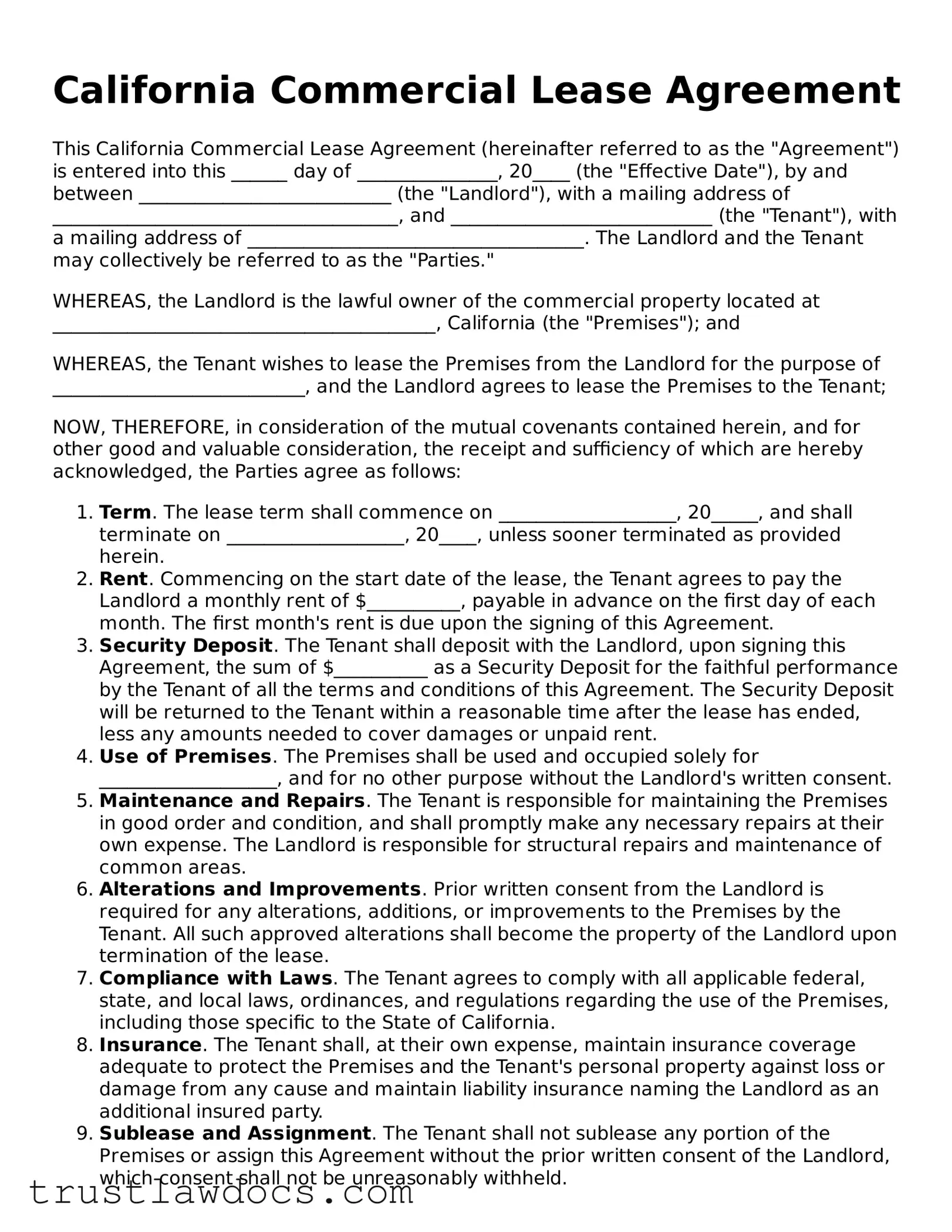 Free  Commercial Lease Agreement Form for California