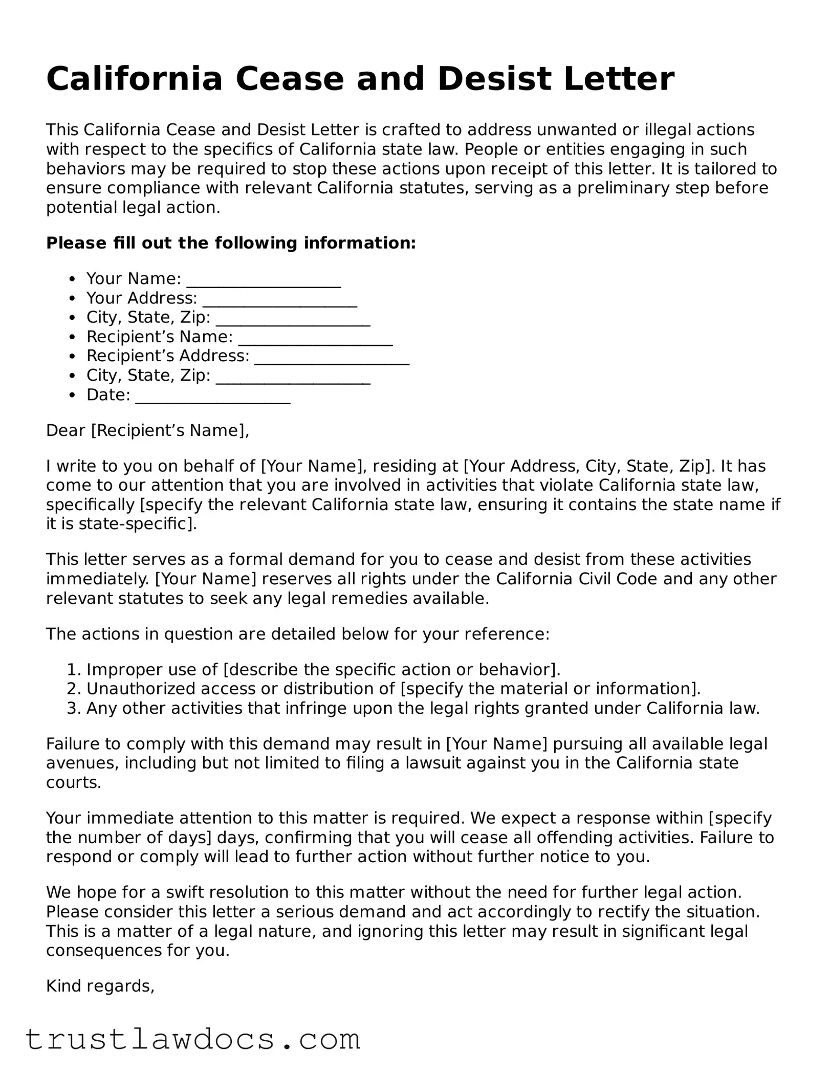 Free  Cease and Desist Letter Form for California