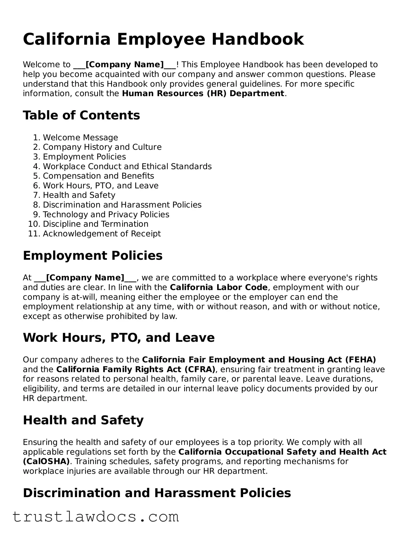 Free  Employee Handbook Form for California
