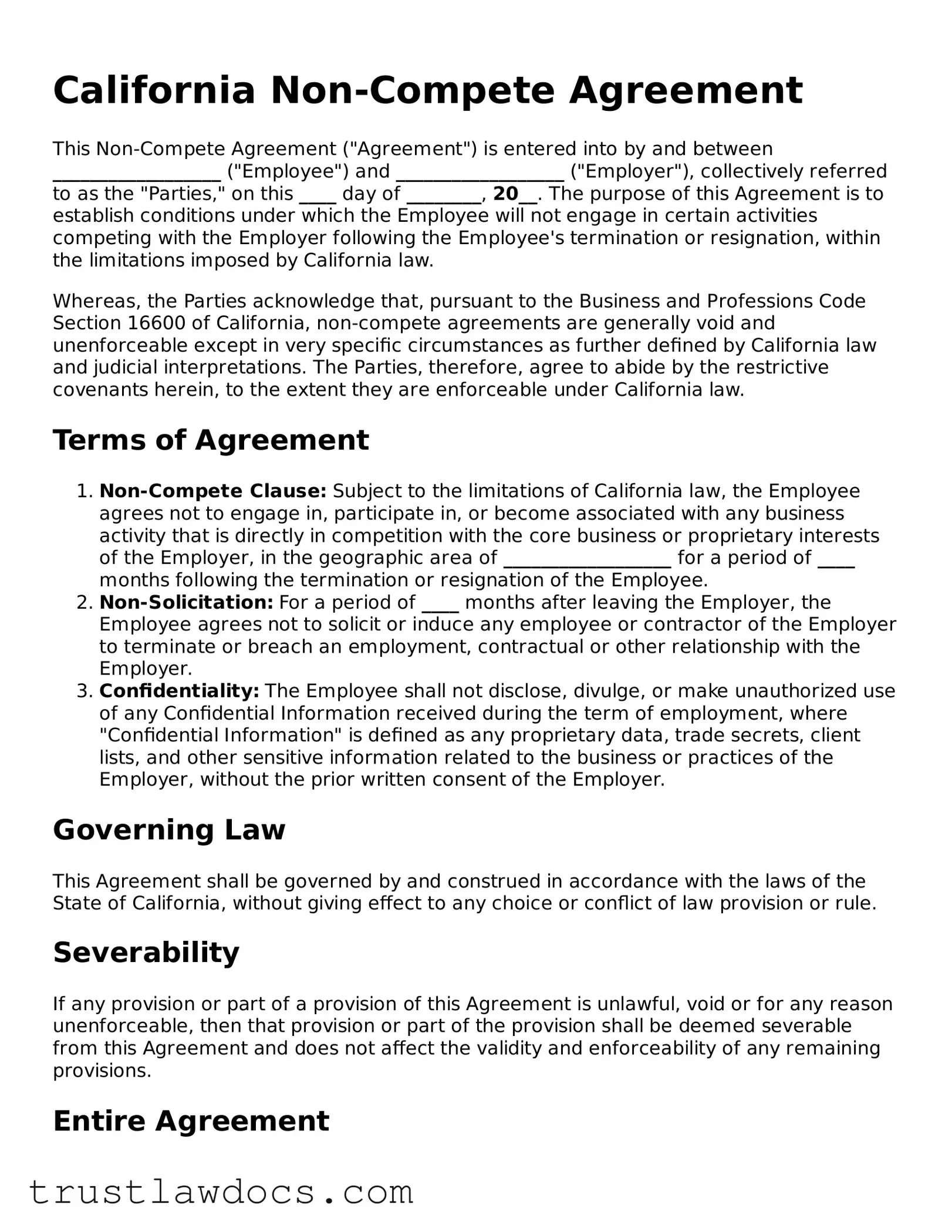 Free  Non-compete Agreement Form for California