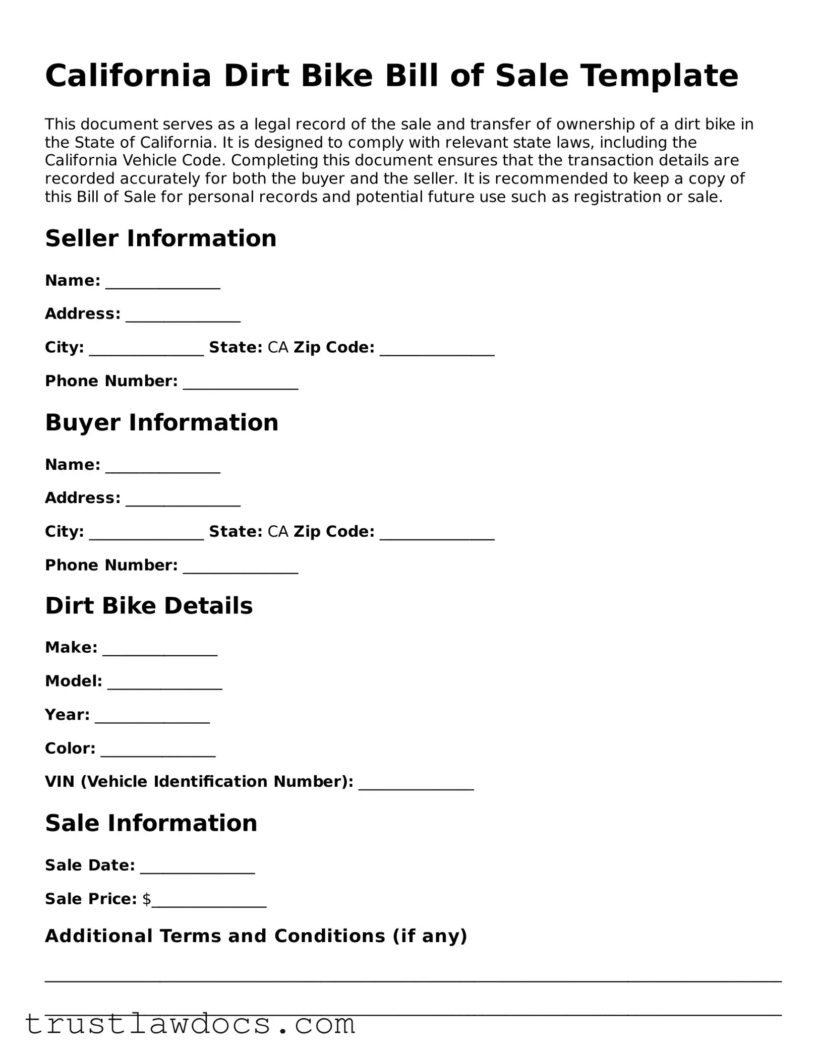 Free  Dirt Bike Bill of Sale Form for California