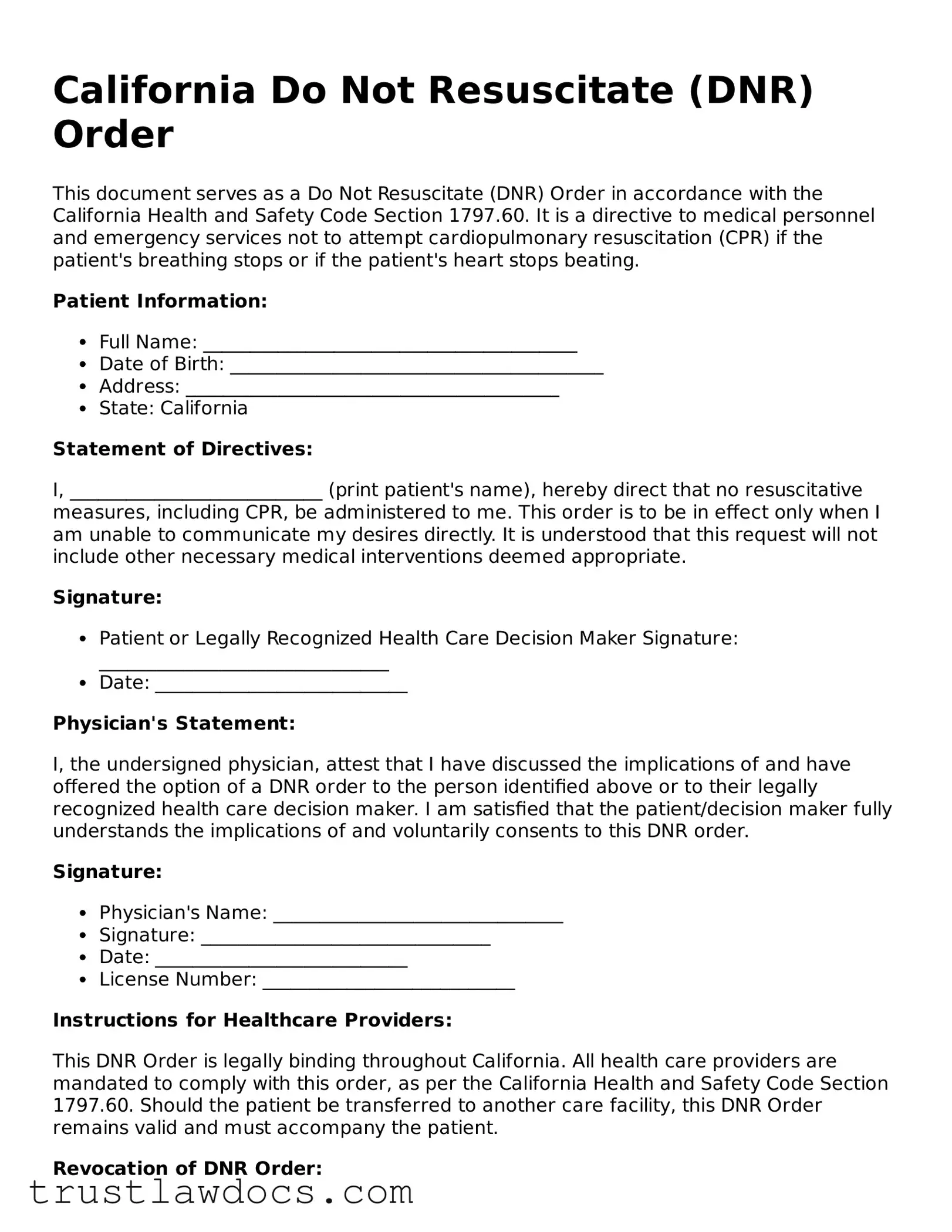 Free  Do Not Resuscitate Order Form for California