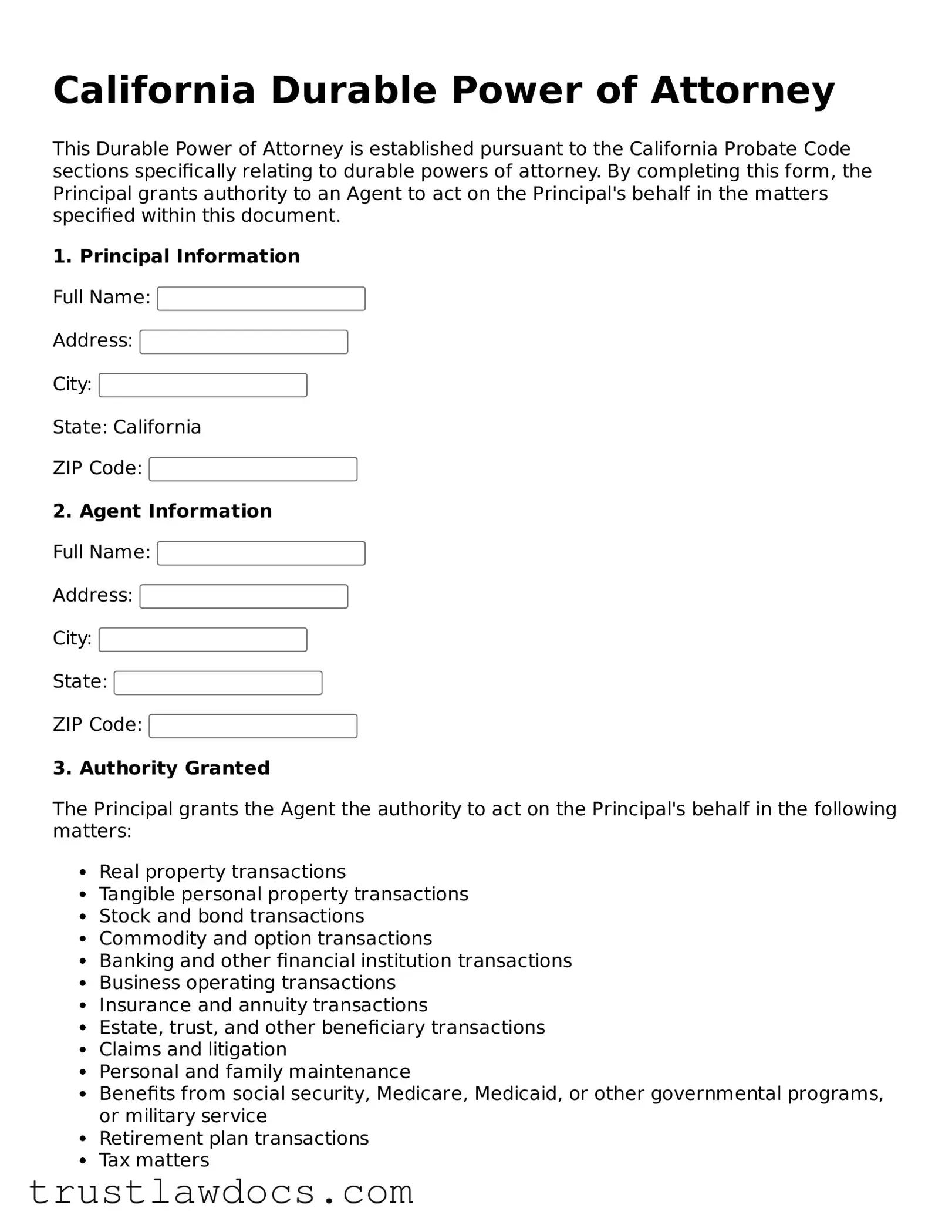 Free  Durable Power of Attorney Form for California