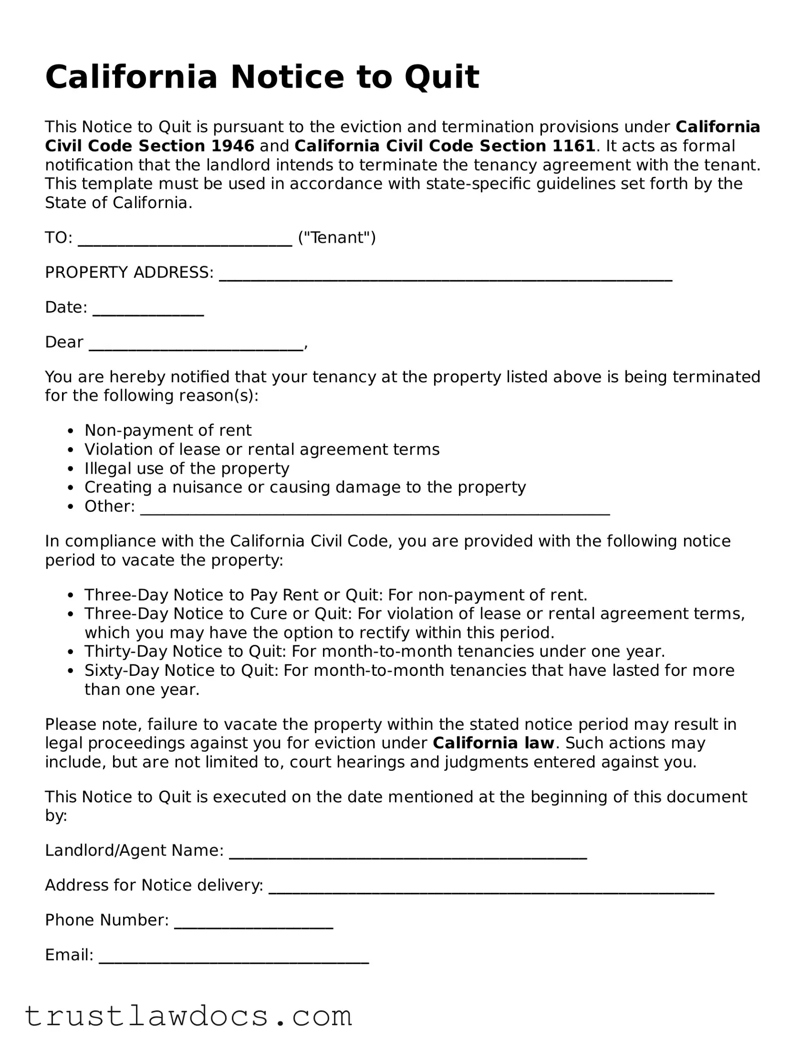 Free  Notice to Quit Form for California