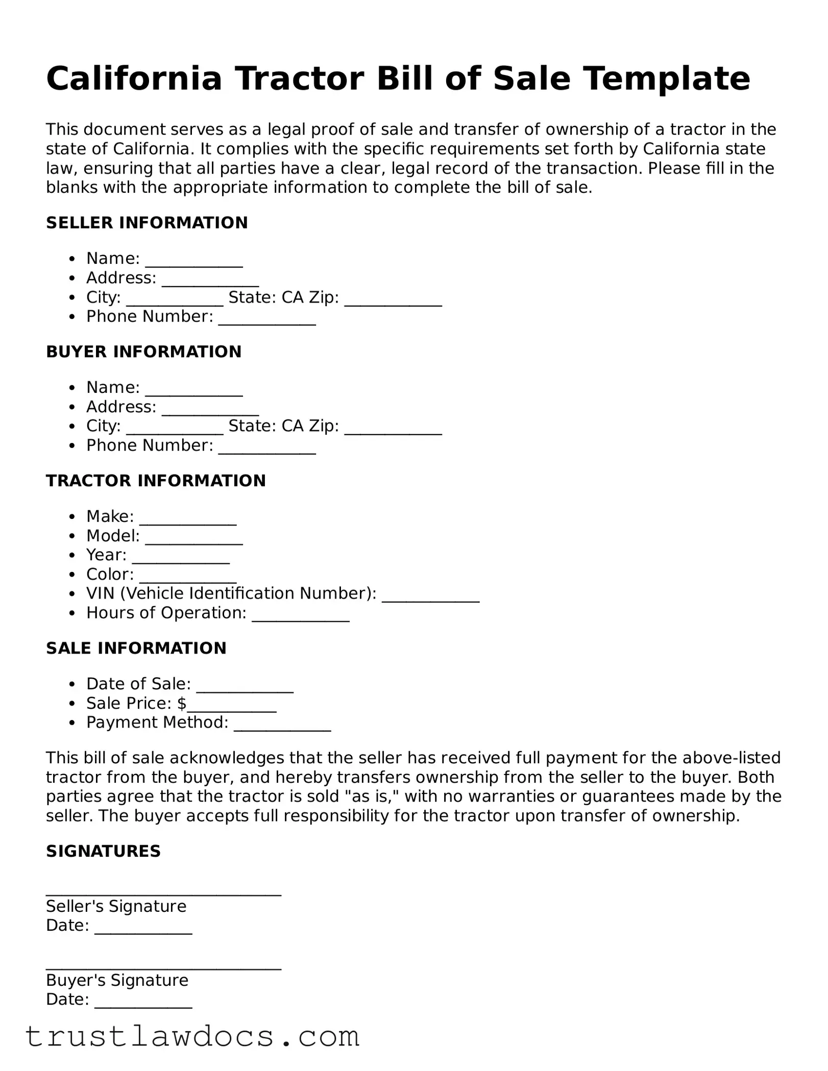 Free  Tractor Bill of Sale Form for California