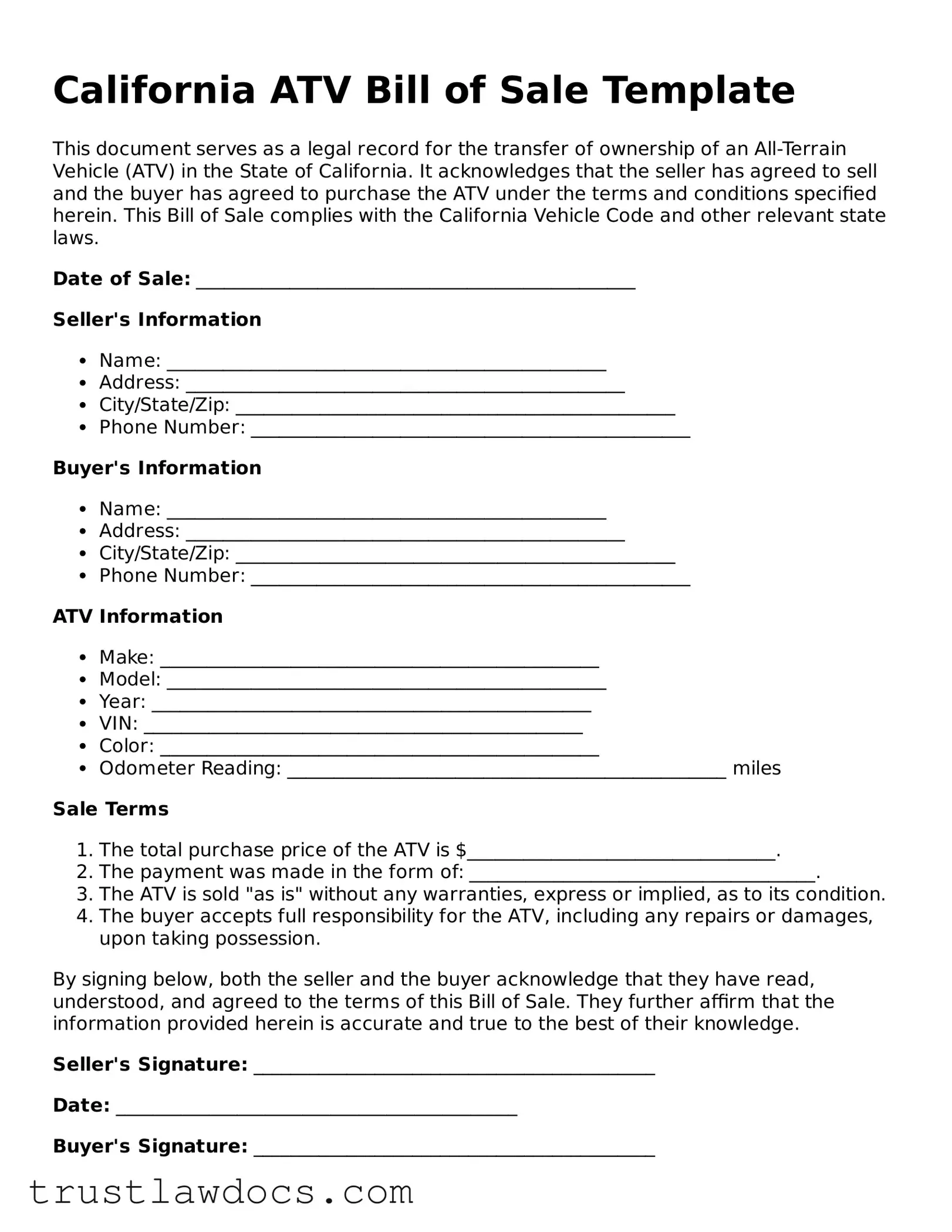 Free  ATV Bill of Sale Form for California