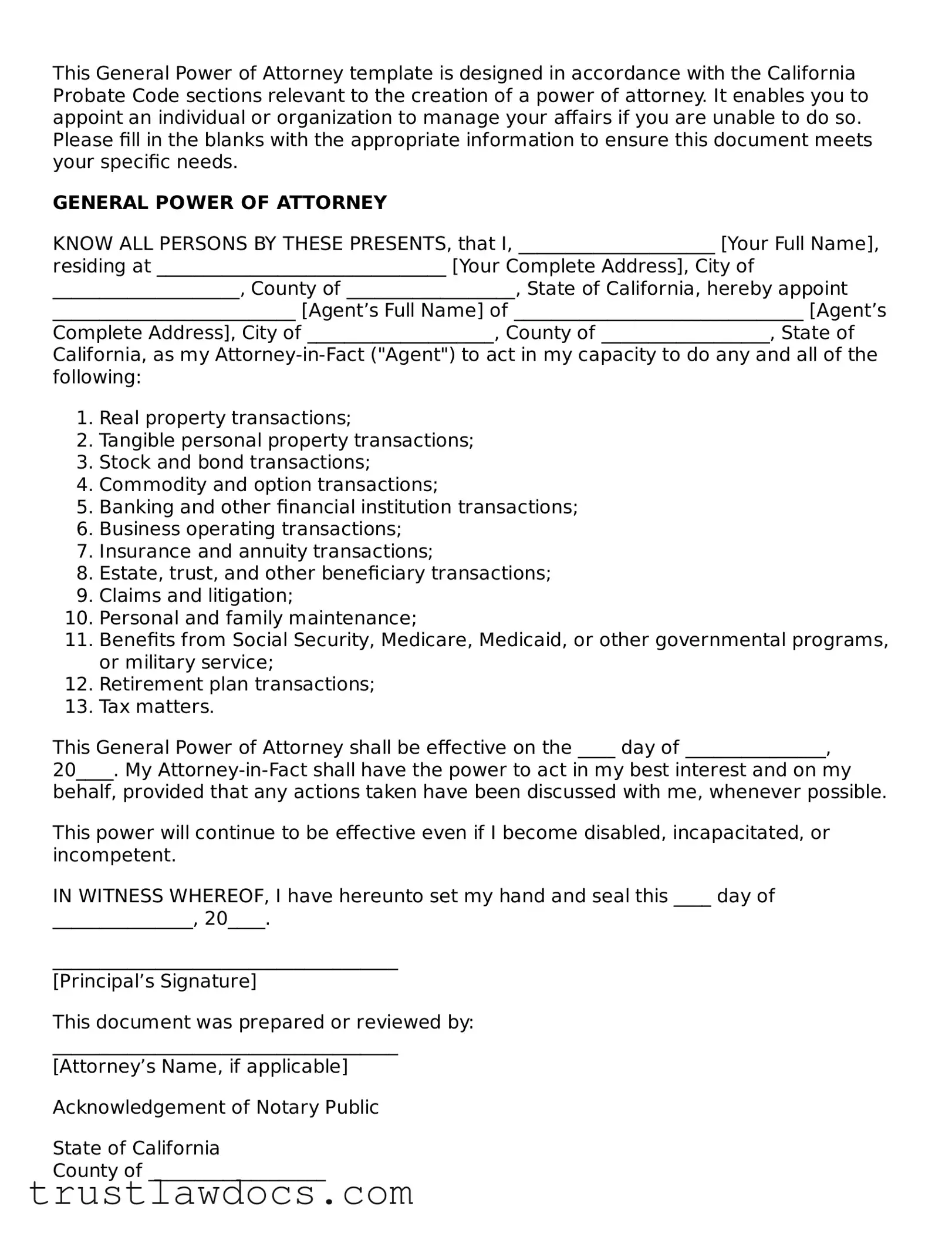 Free  General Power of Attorney Form for California
