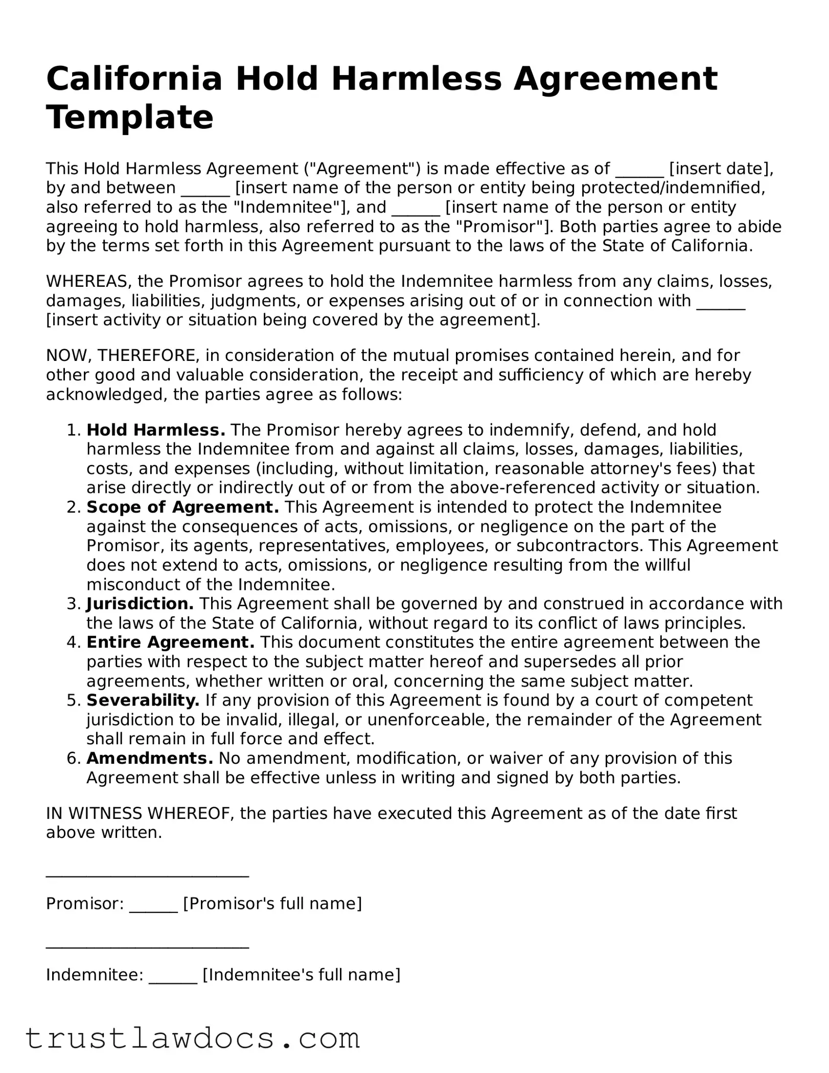Free  Hold Harmless Agreement Form for California