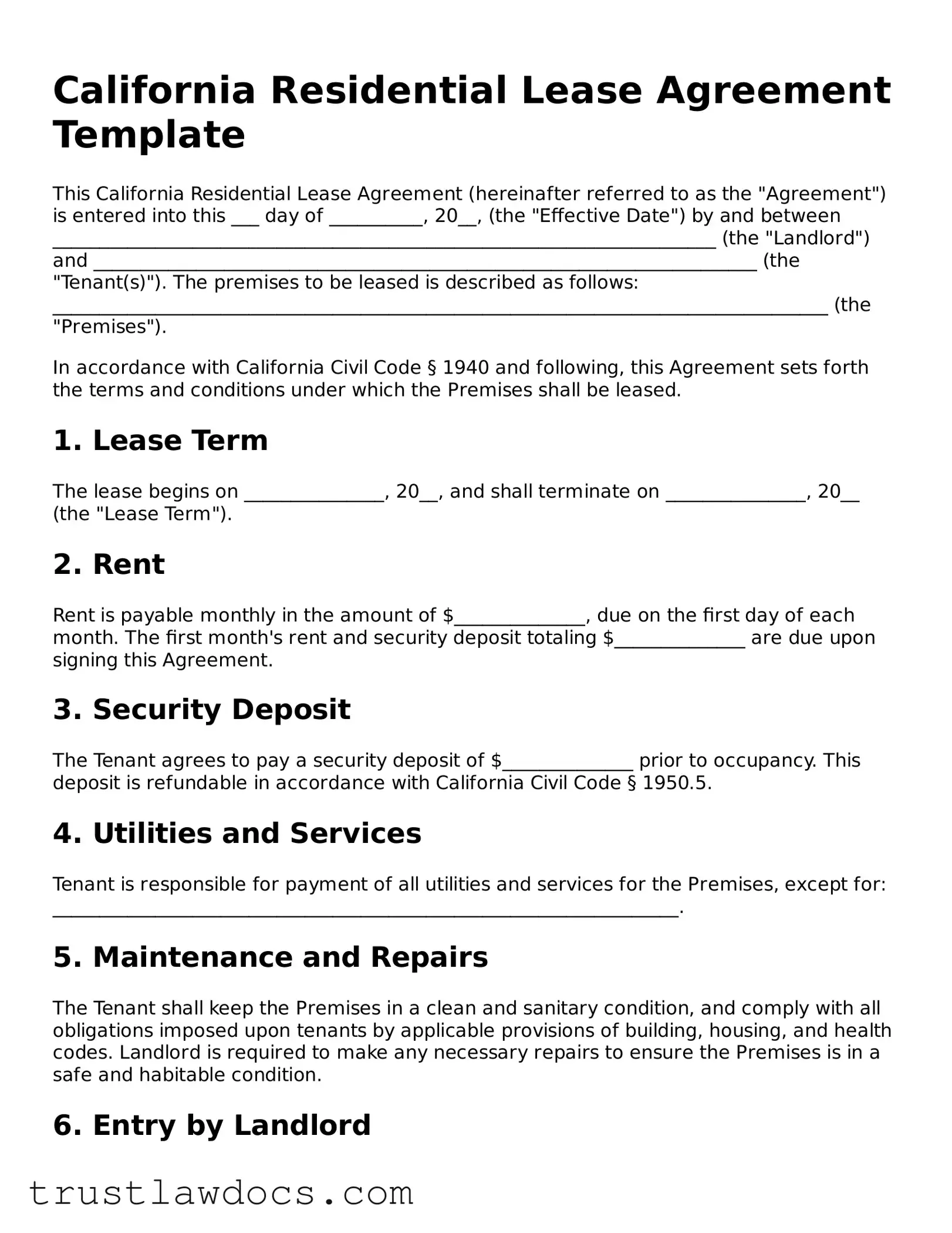Free  Residential Lease Agreement Form for California