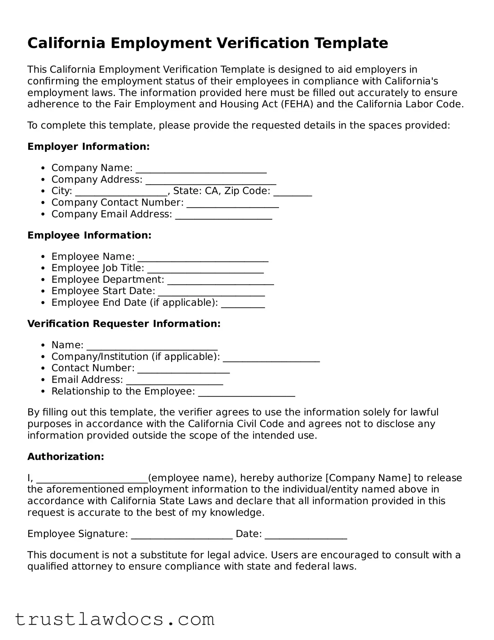 Free  Employment Verification Form for California