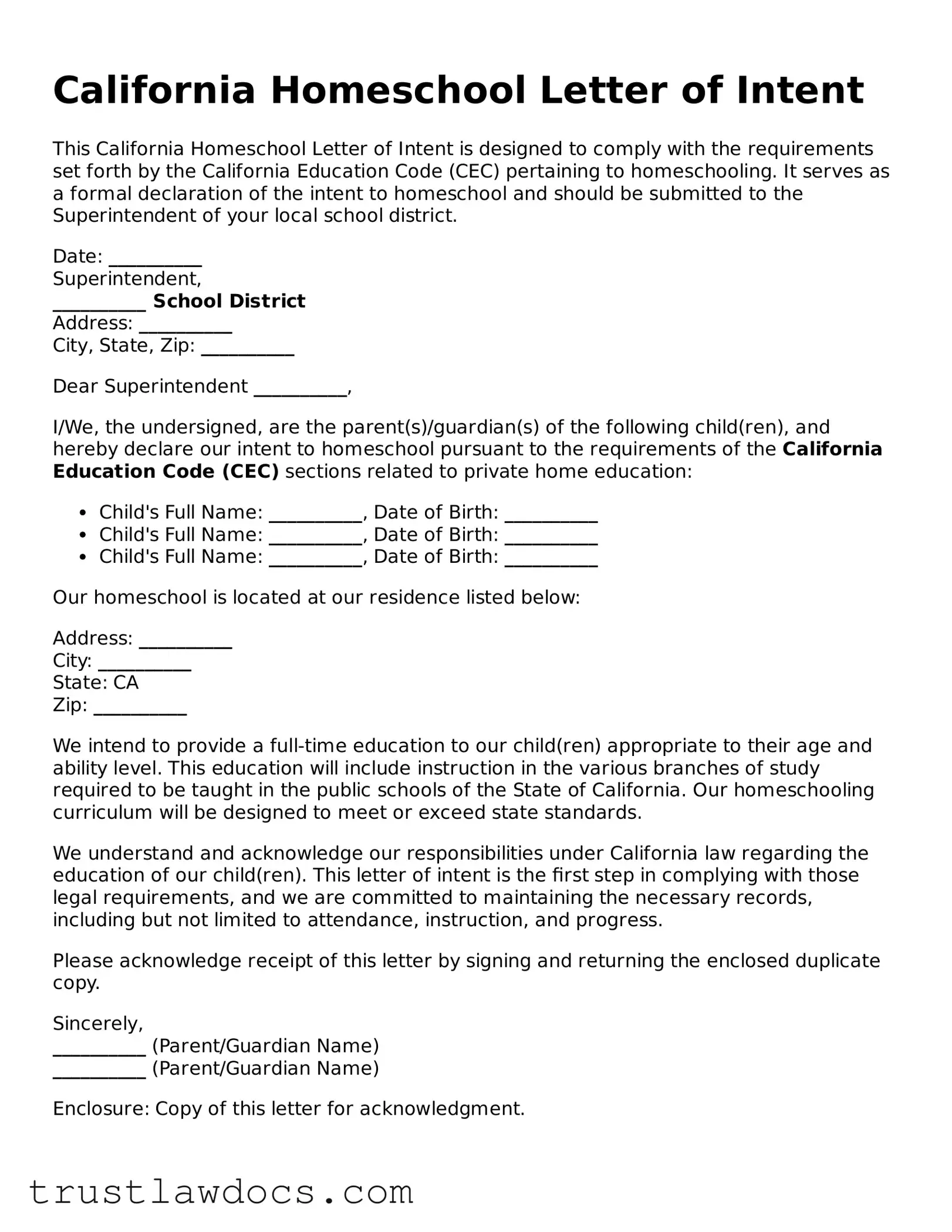 Free  Homeschool Letter of Intent Form for California