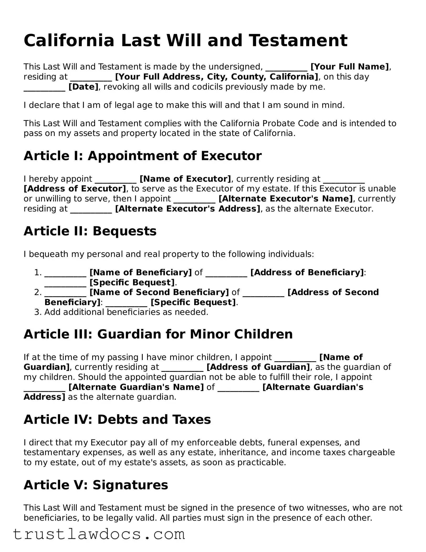 Free  Last Will and Testament Form for California