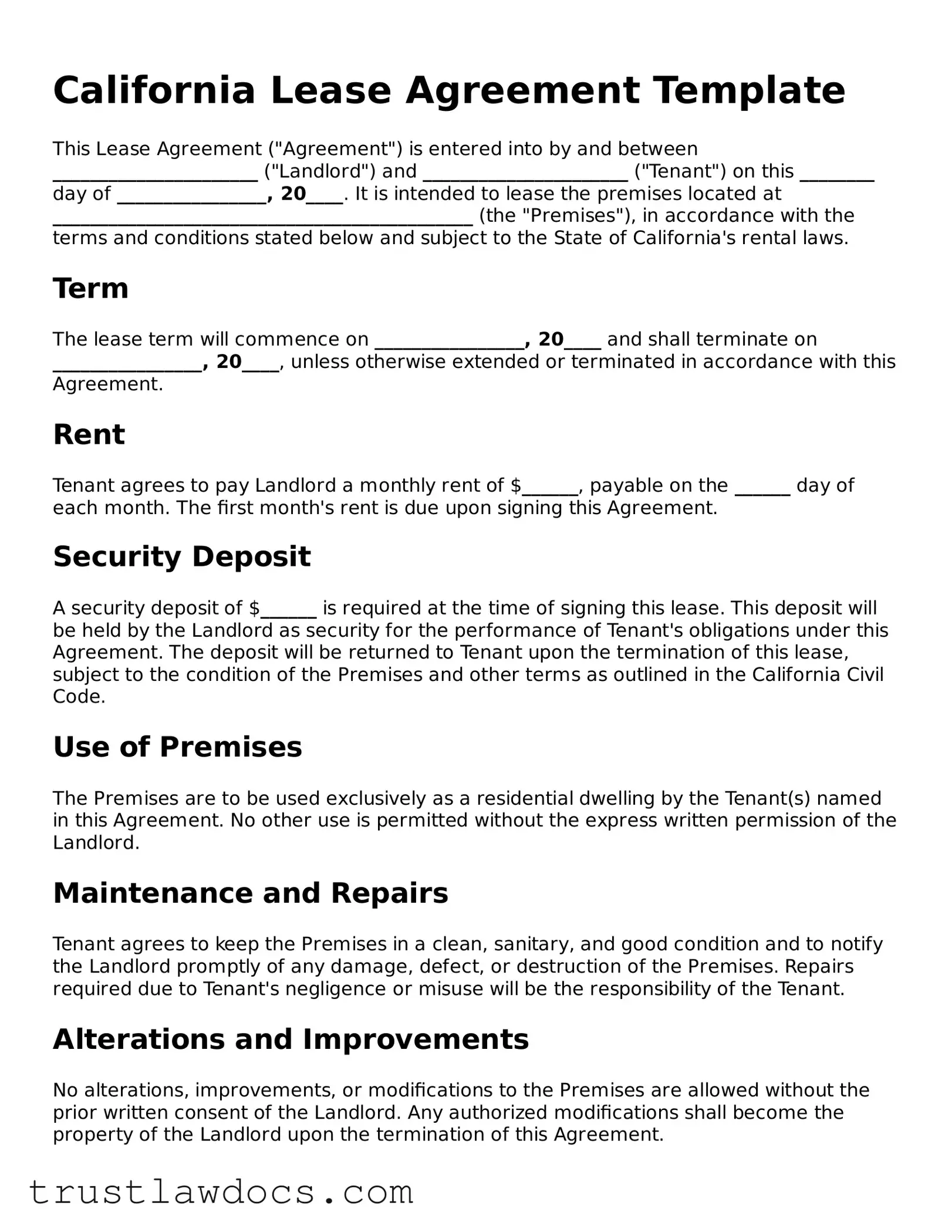 Free  Lease Agreement Form for California