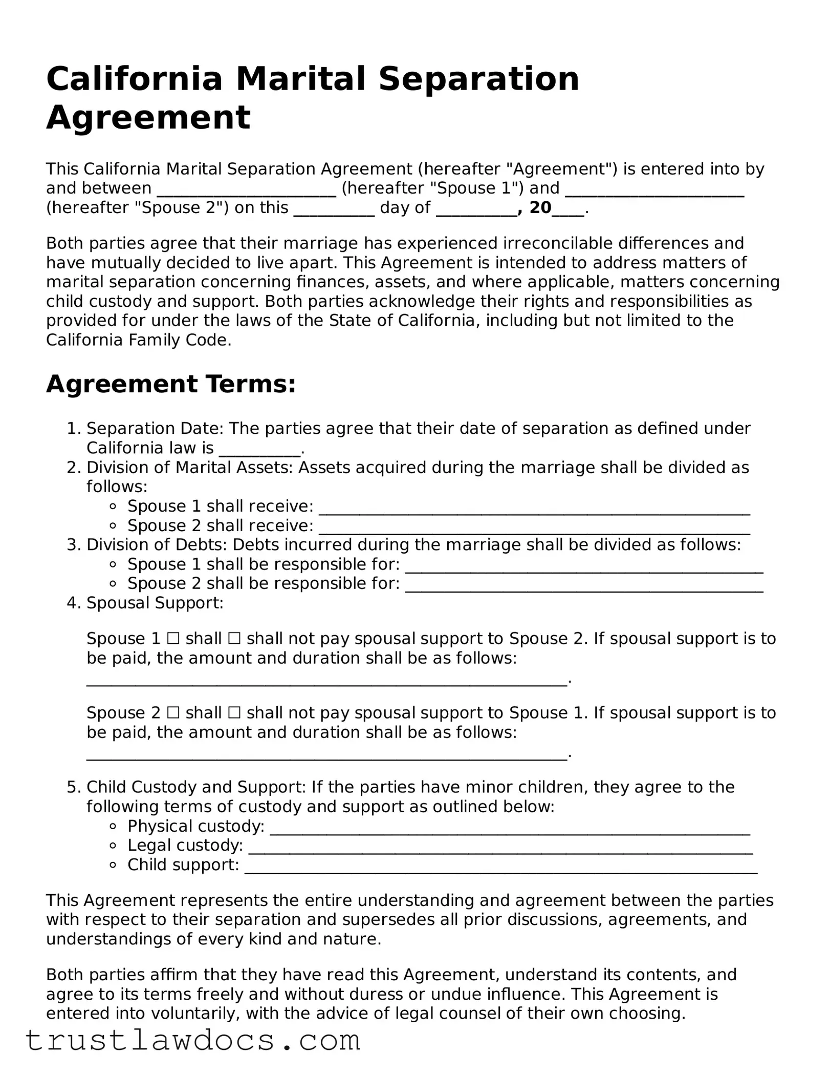 Free  Marital Separation Agreement Form for California