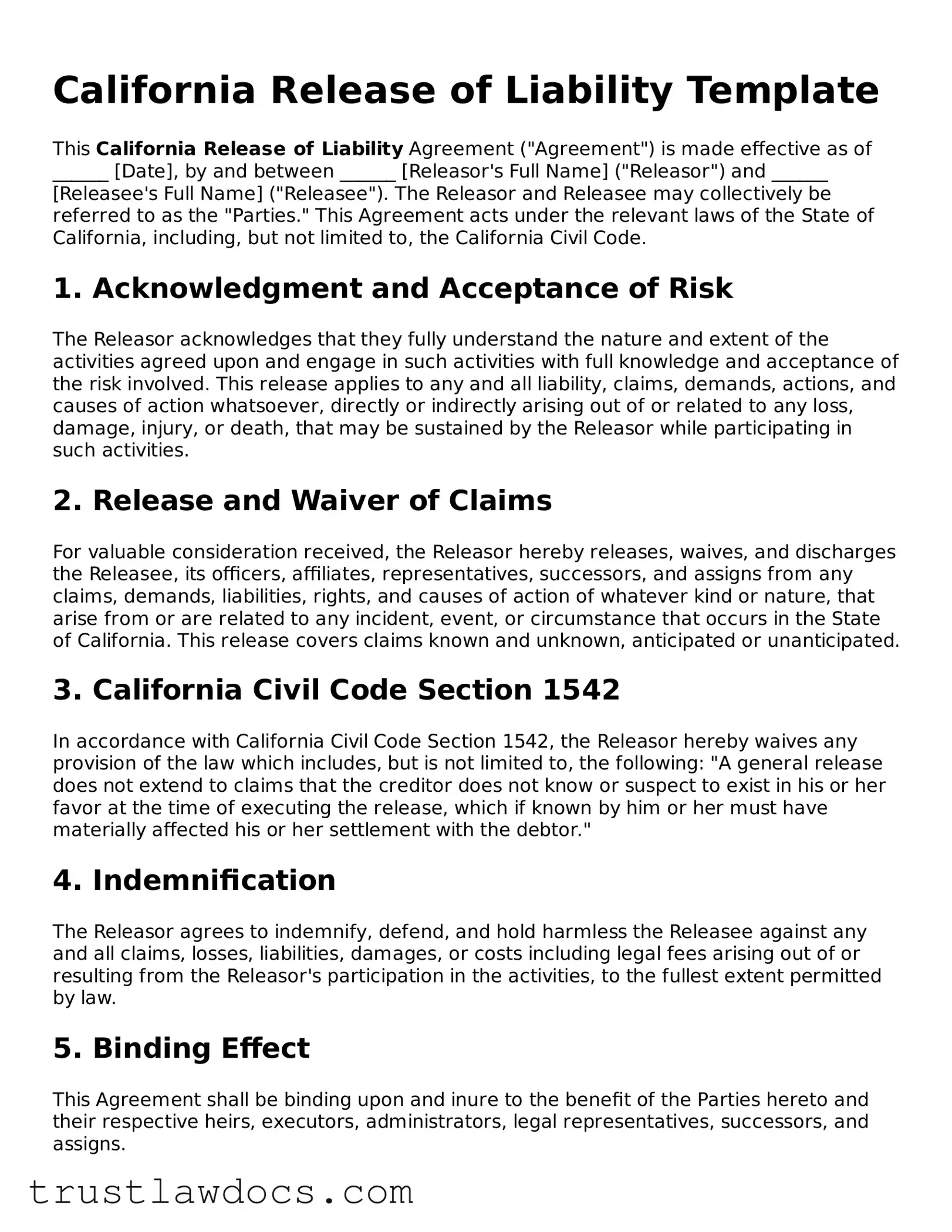 Free  Release of Liability Form for California