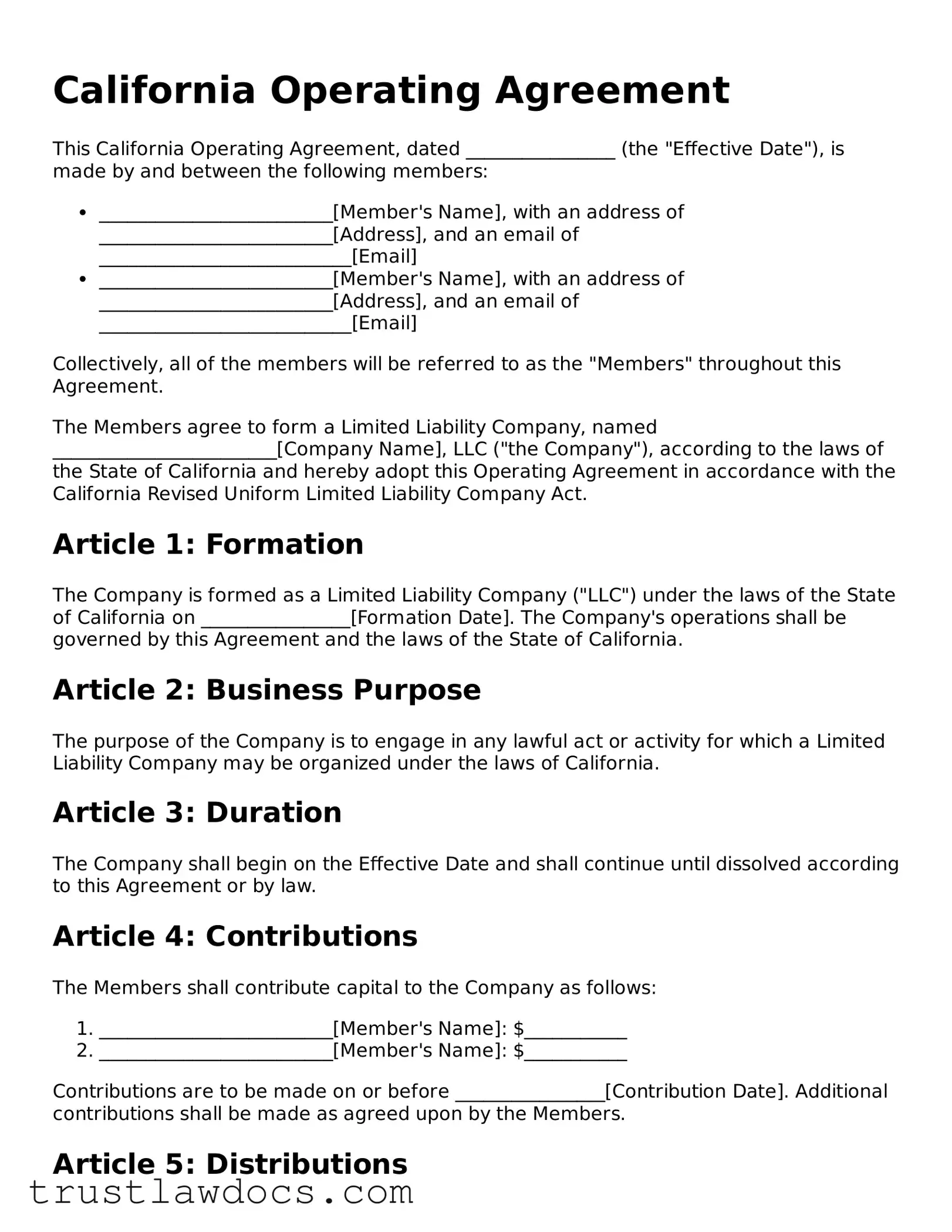 Free  Operating Agreement Form for California