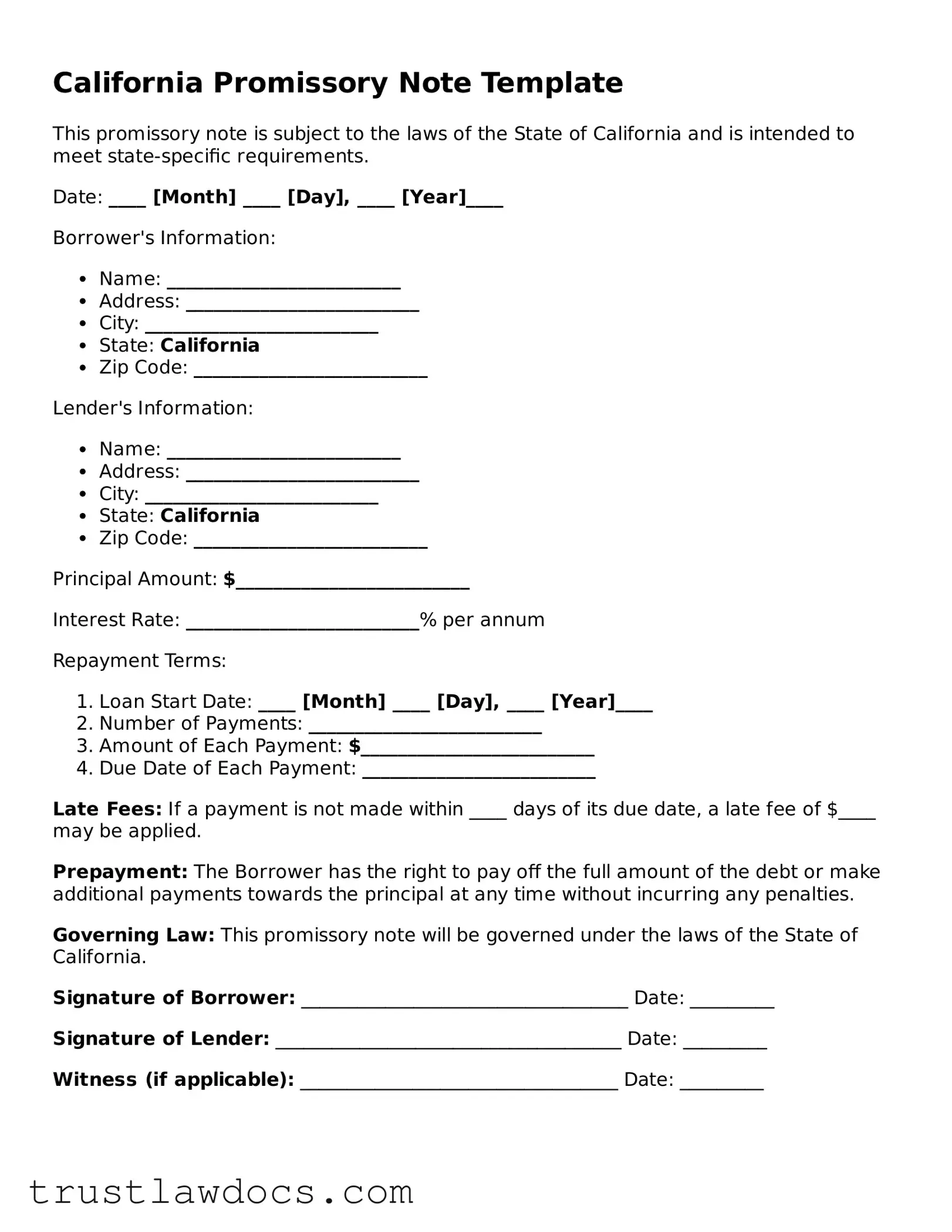 Free  Promissory Note Form for California