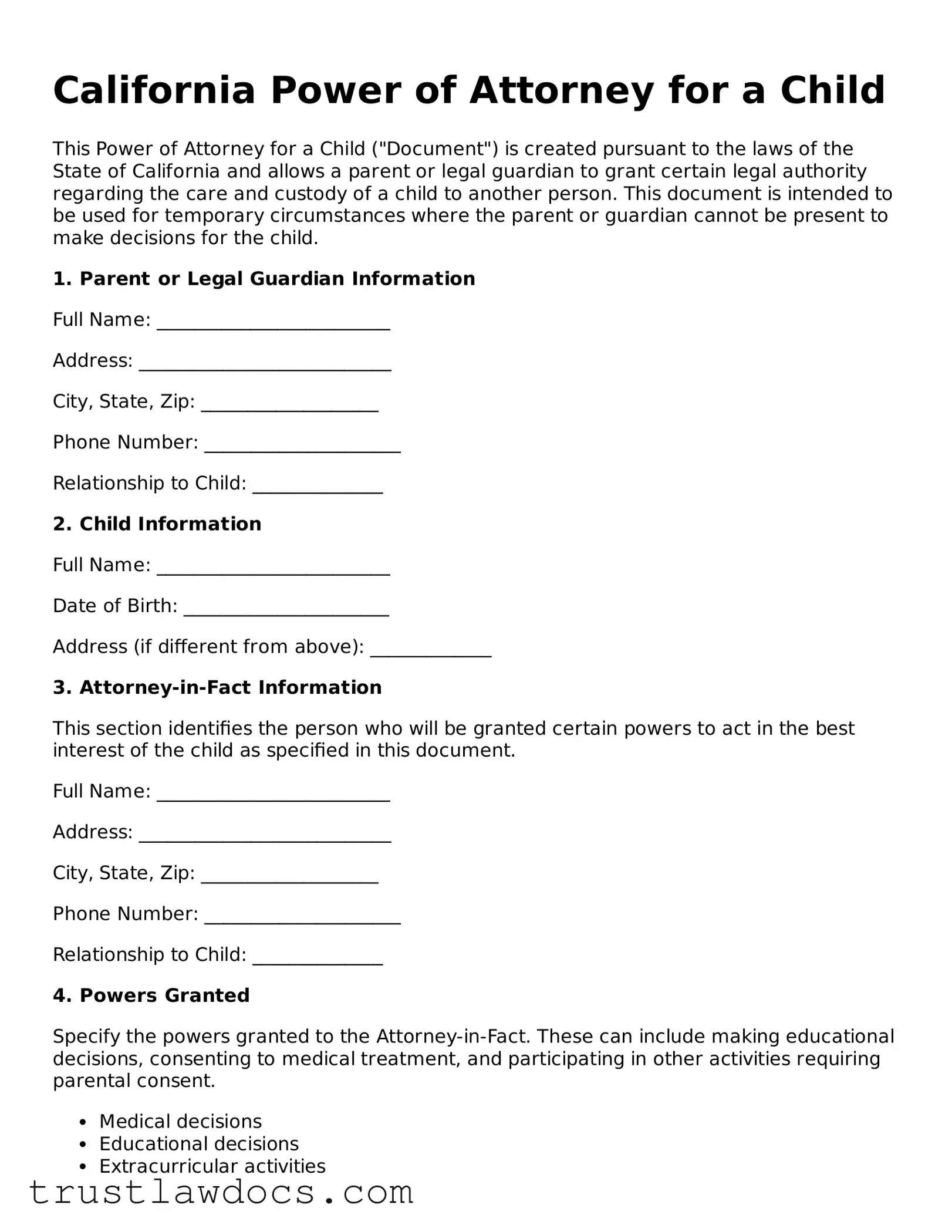 Free  Power of Attorney for a Child Form for California