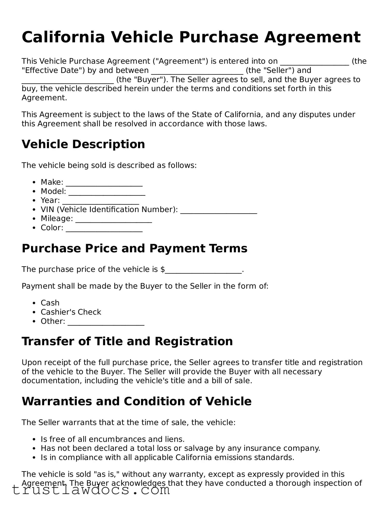 Free  Vehicle Purchase Agreement Form for California