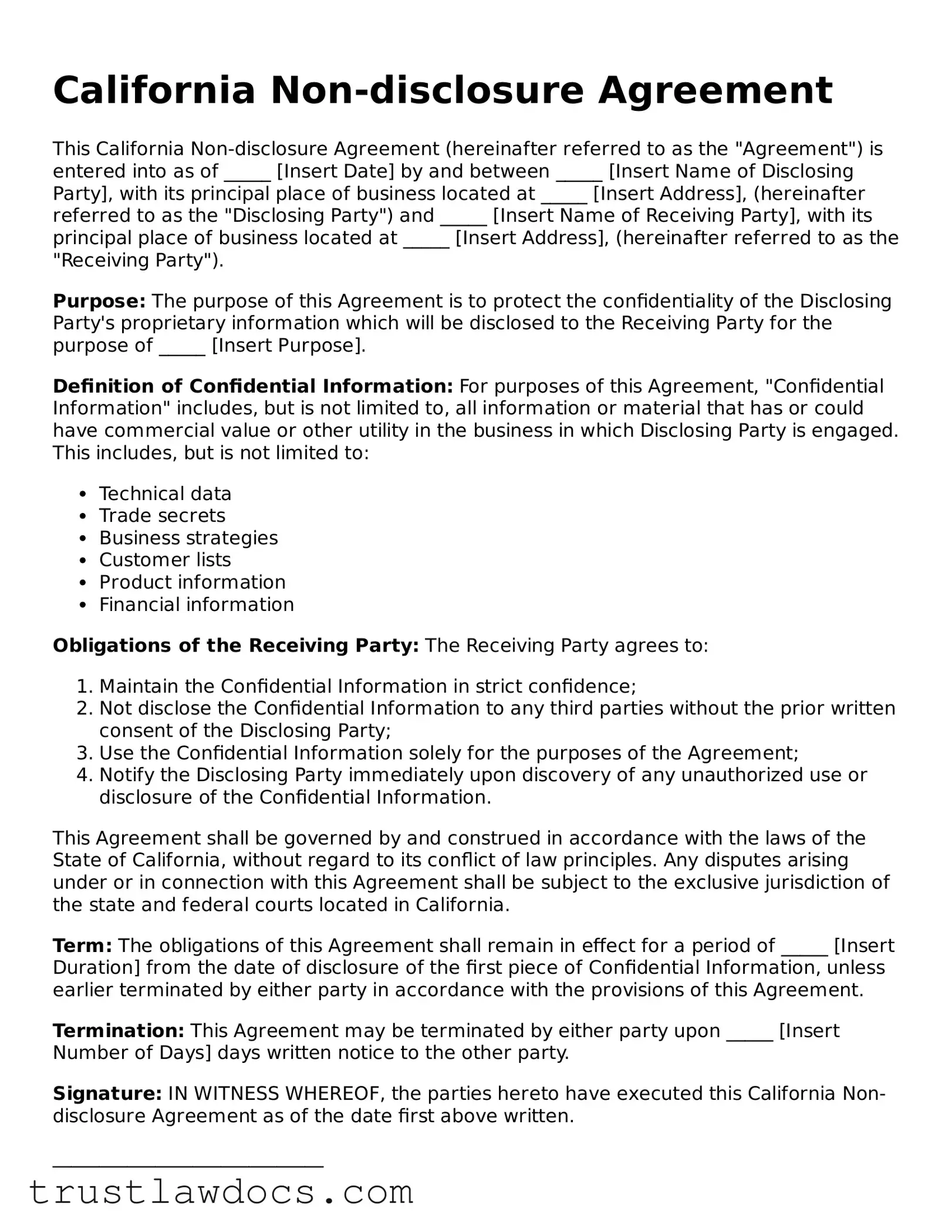 Free  Non-disclosure Agreement Form for California