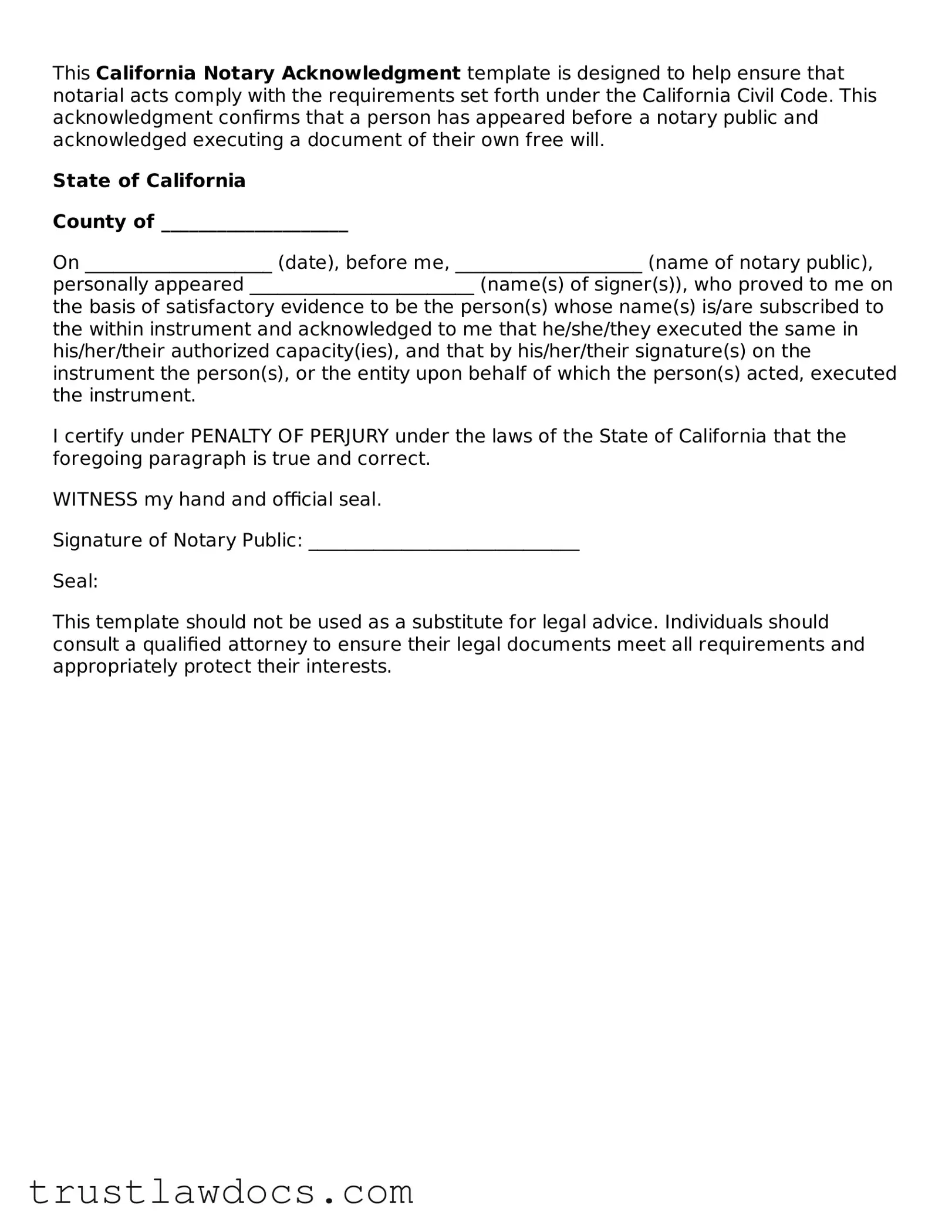 Free  Notary Acknowledgement Form for California