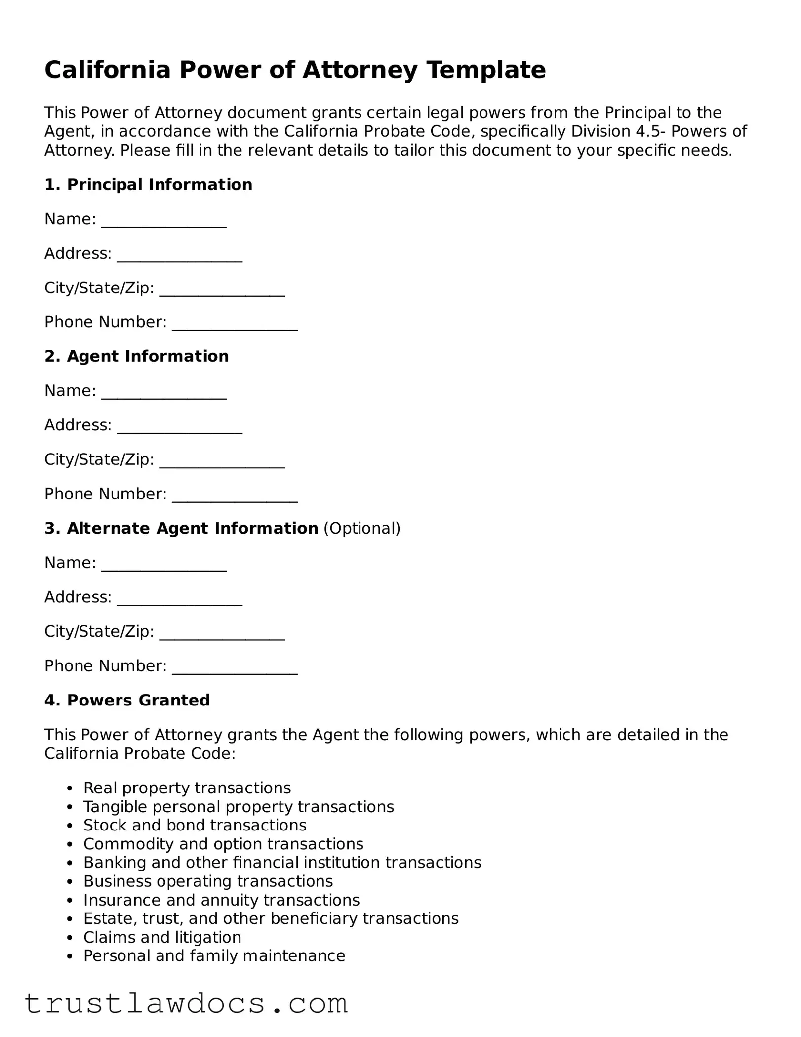Free  Power of Attorney Form for California