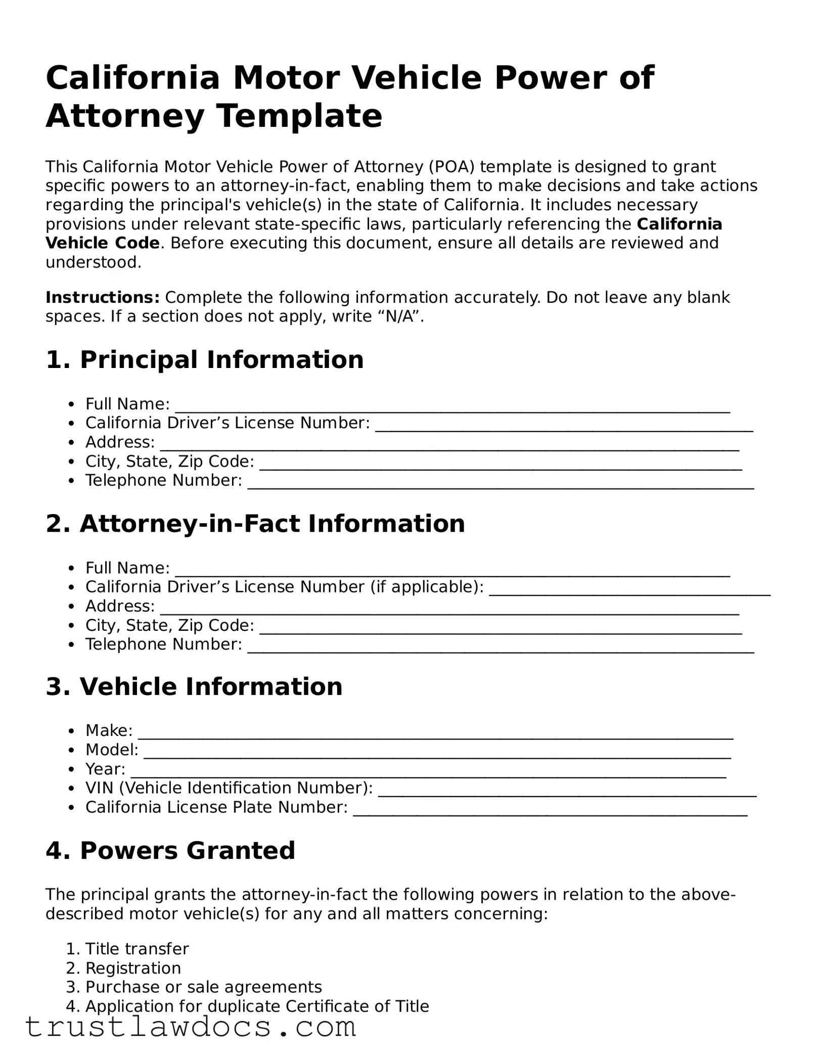 Free  Motor Vehicle Power of Attorney Form for California