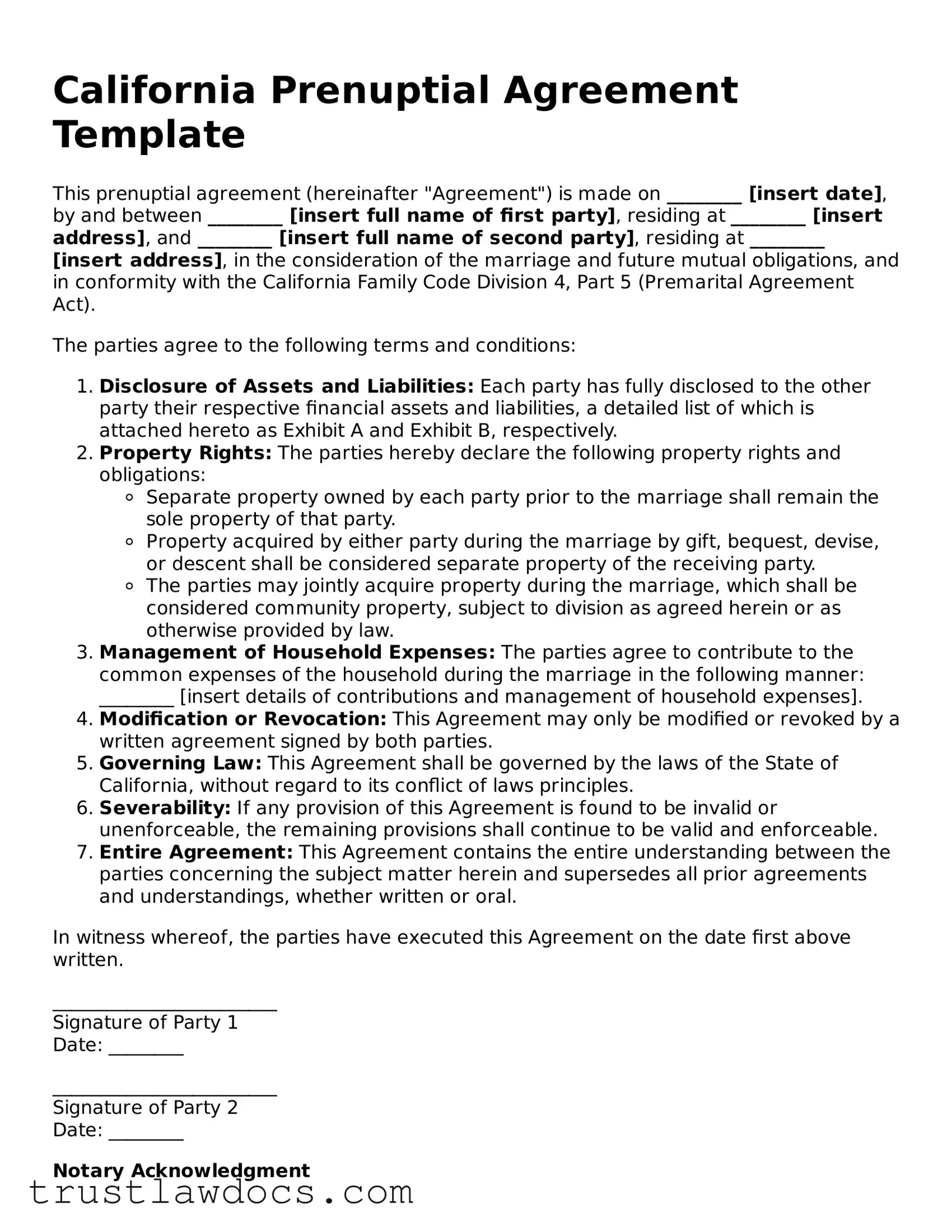 Free  Prenuptial Agreement Form for California