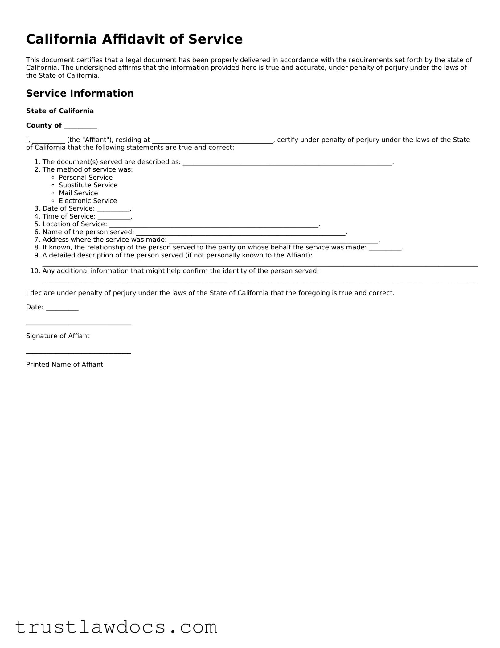 Free  Affidavit of Service Form for California
