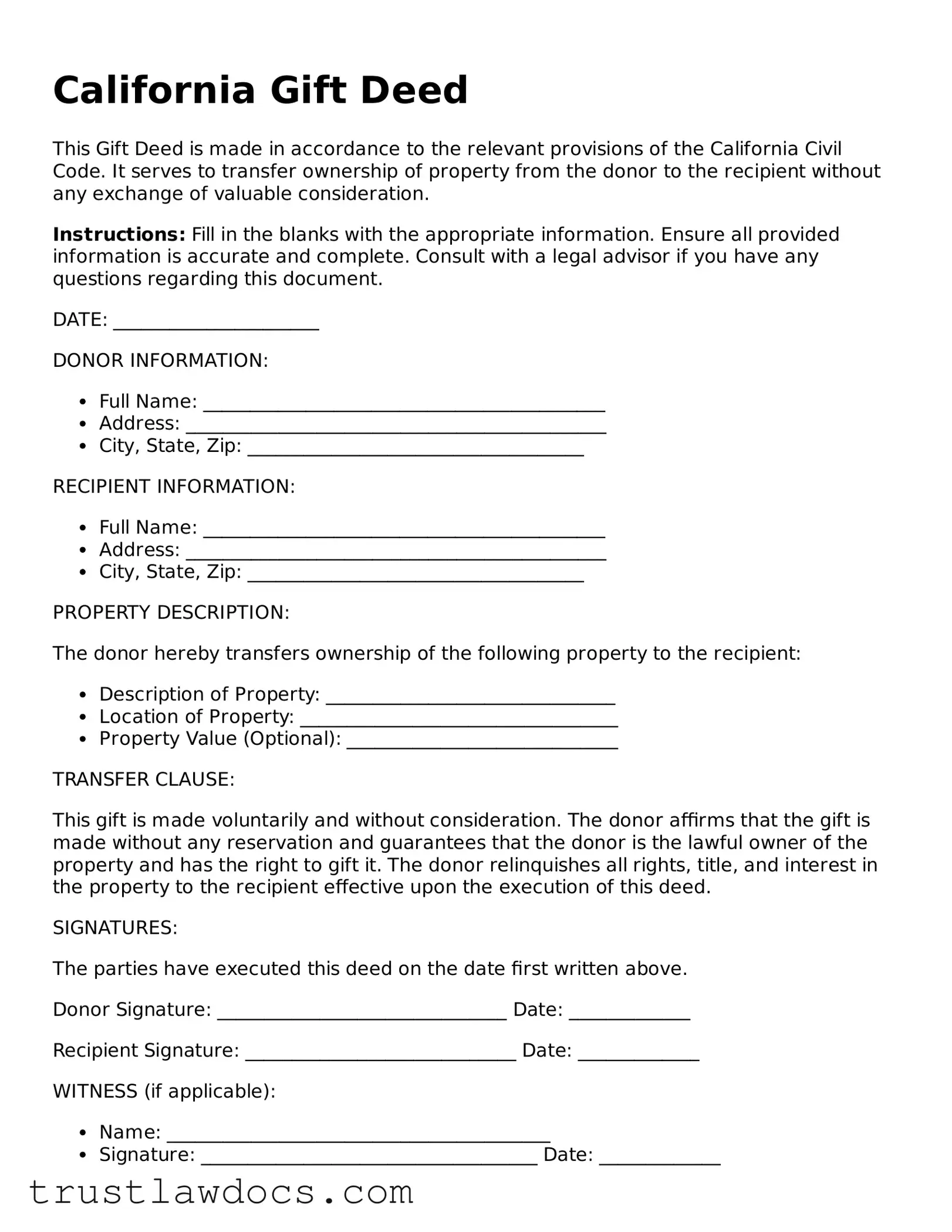 Free  Gift Deed Form for California