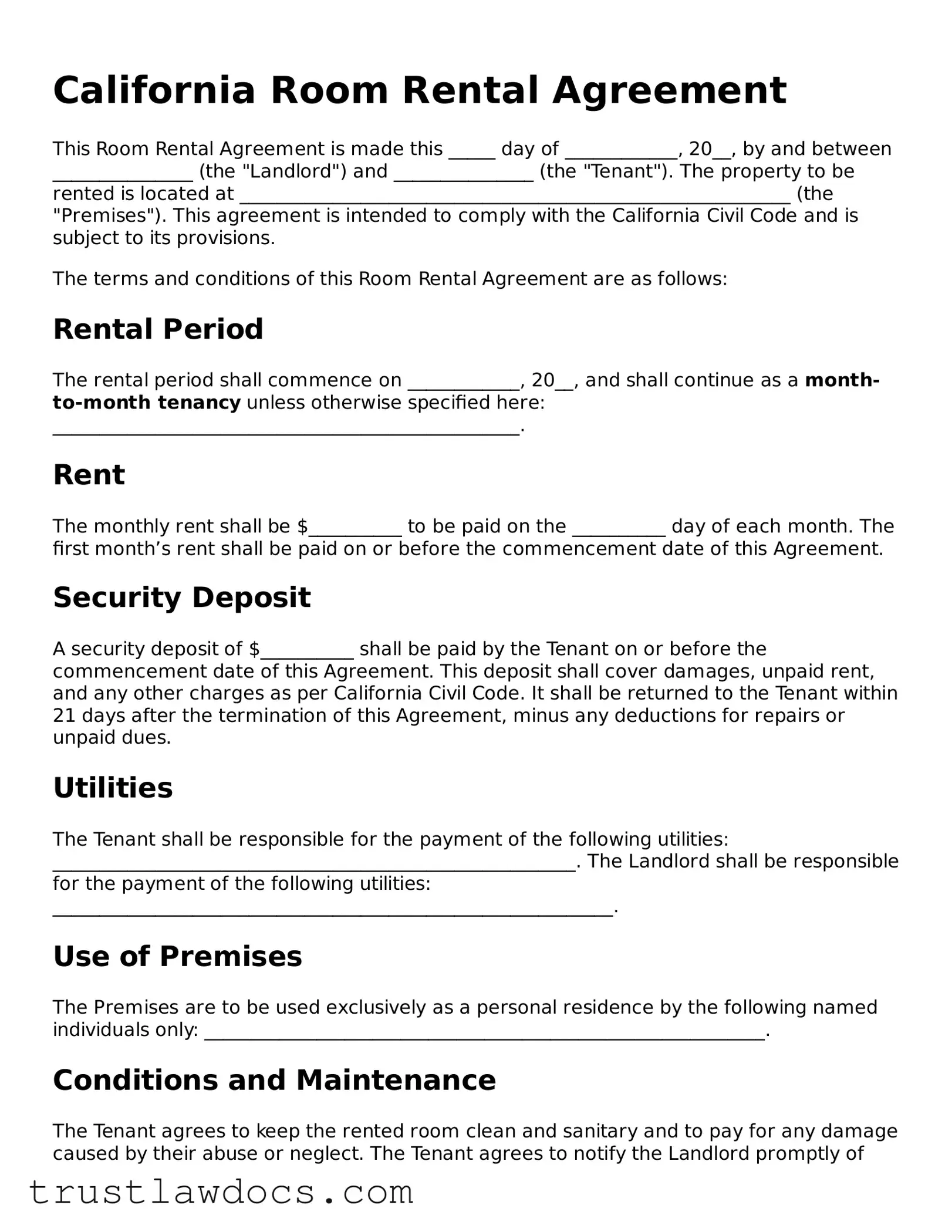 Free  Room Rental Agreement Form for California