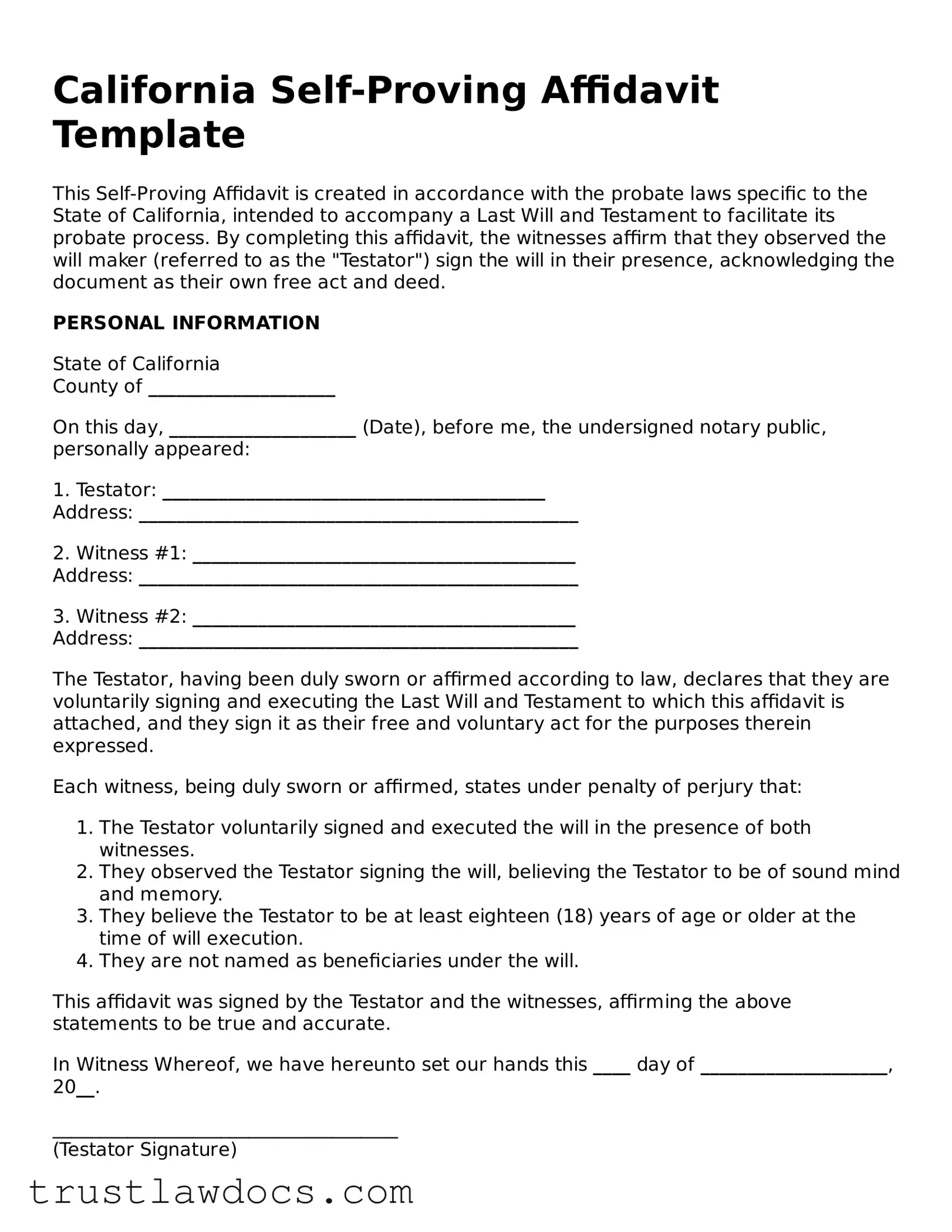 Free  Self-Proving Affidavit Form for California